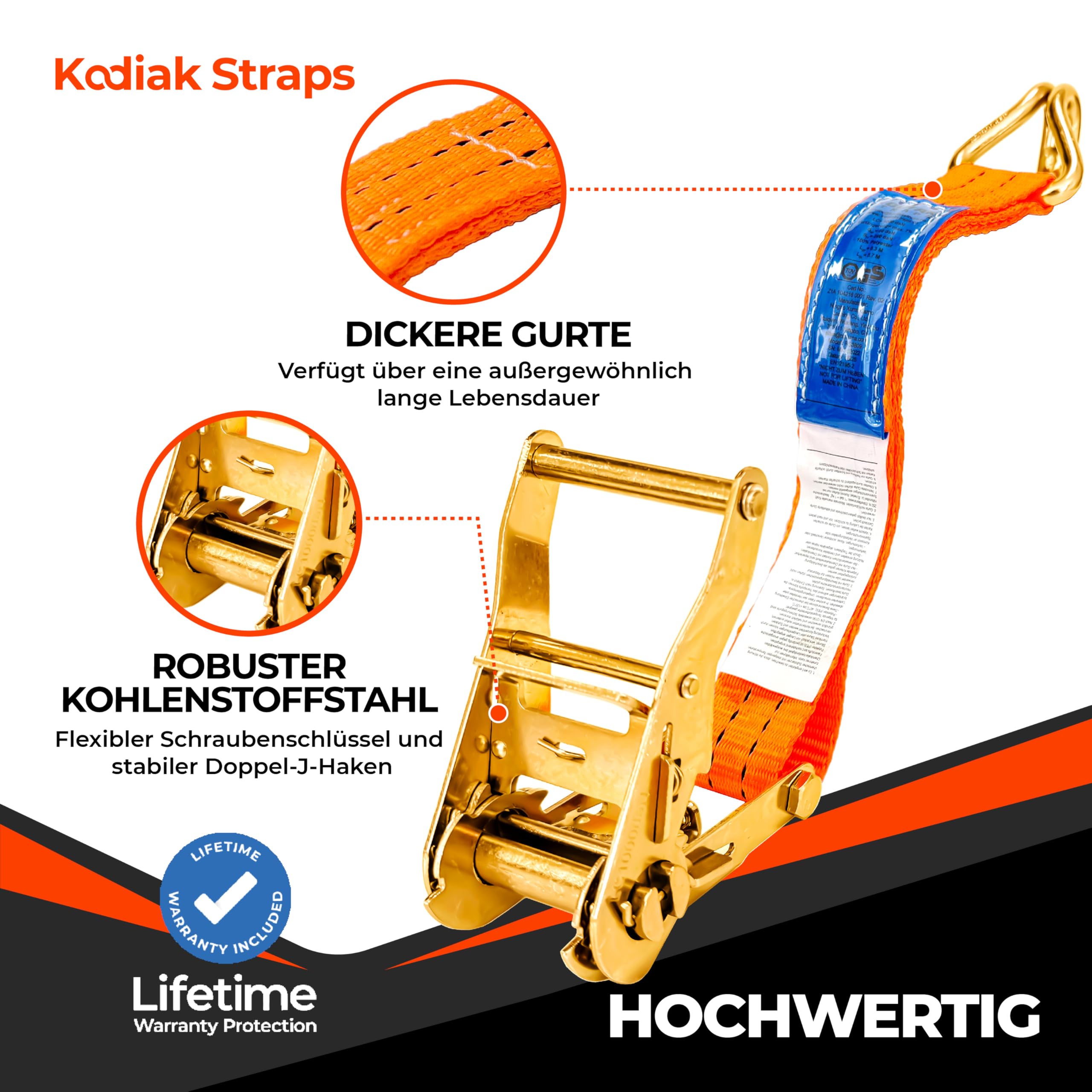 10 Sztuk Pasów Mocujących 6m x 2000kg z Grzechotką i Hakami - 35mm Pasy Transportowe z Zaciskiem - Pomarańczowy Pas Ściągający do Ładunku - Certyfikat TÜV/GS, zgodny z DIN EN 12195-2 - KODIAK STRAPS