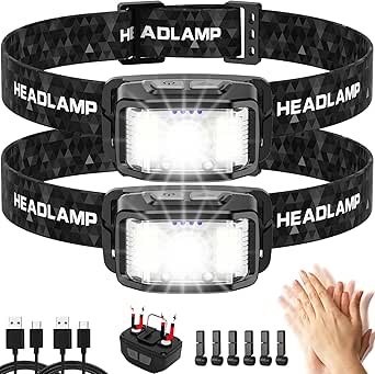 Headlamp Rechargeable 2 Packs,2000 Lumen Super Bright Motion Sensor 16 Modes (Individual Control) LED Headlamp,Waterproof Lightweight Flashlight Hard Hat Light for Outdoor Camping Fishing Running