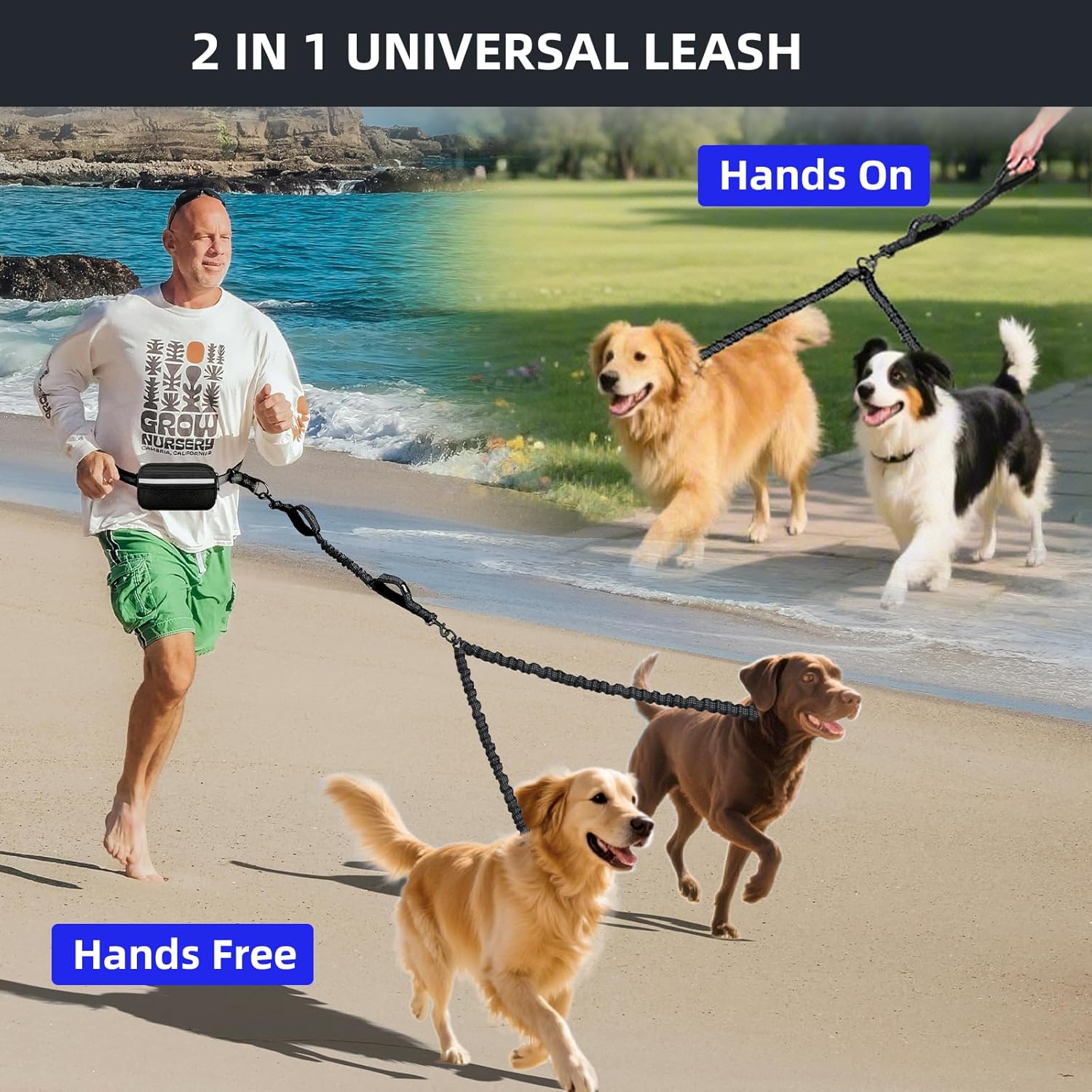 Uppetly Hands Free Double Dog Leash with Pouch, Dual Leash for 2 Dogs with Reflective Padded Handles, Durable Bungee and Lumbar Waist Belt for Walking, Jogging and Running (Medium/Large, 25-120 lbs)