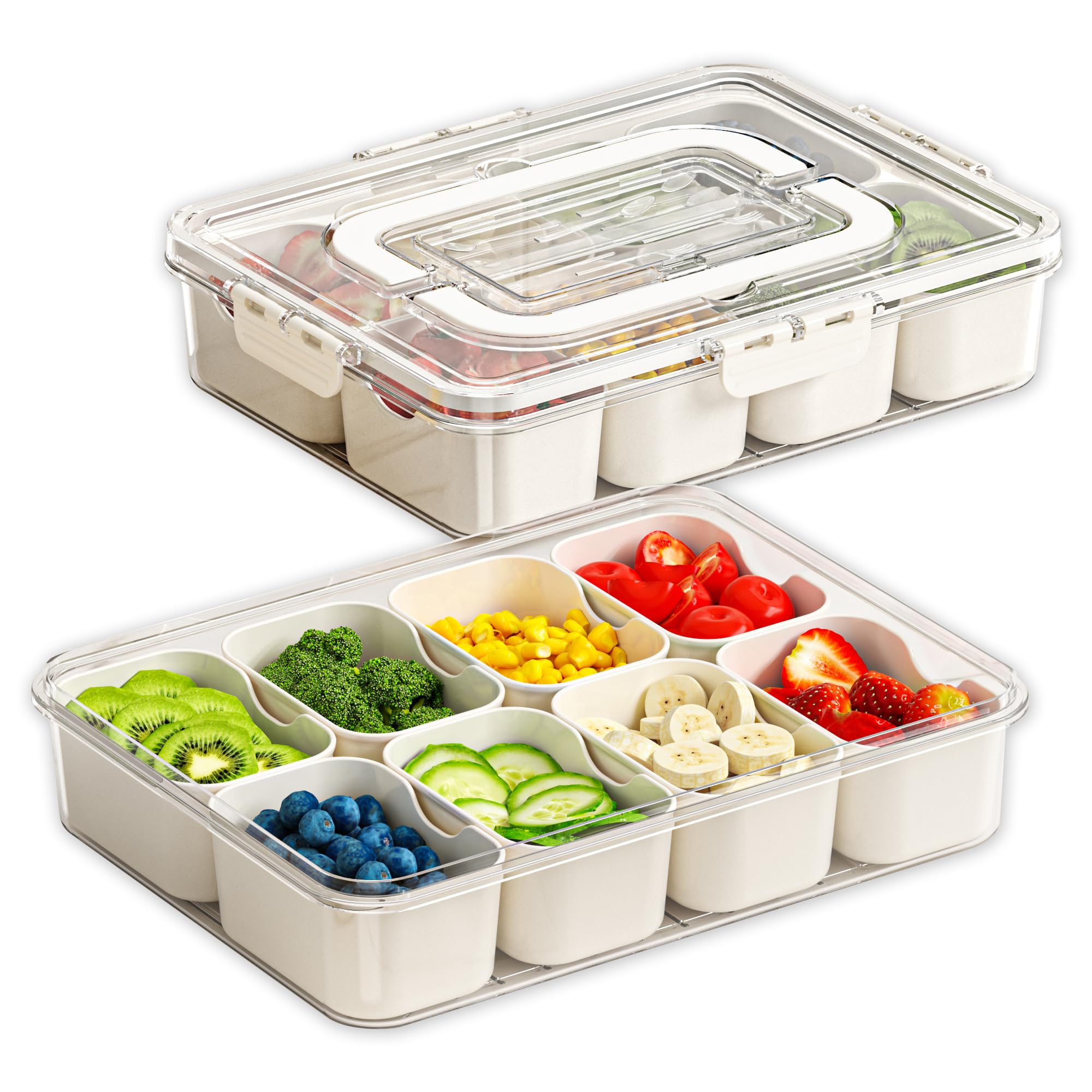 Portable Snackle Box Container 2 PACK - 8 Divided Serving Tray with Lid and Handle, Clear Snack Box Organizer for Fruits, Candy, Charcuterie, Snacks - Ideal for Party, Travel & Beach