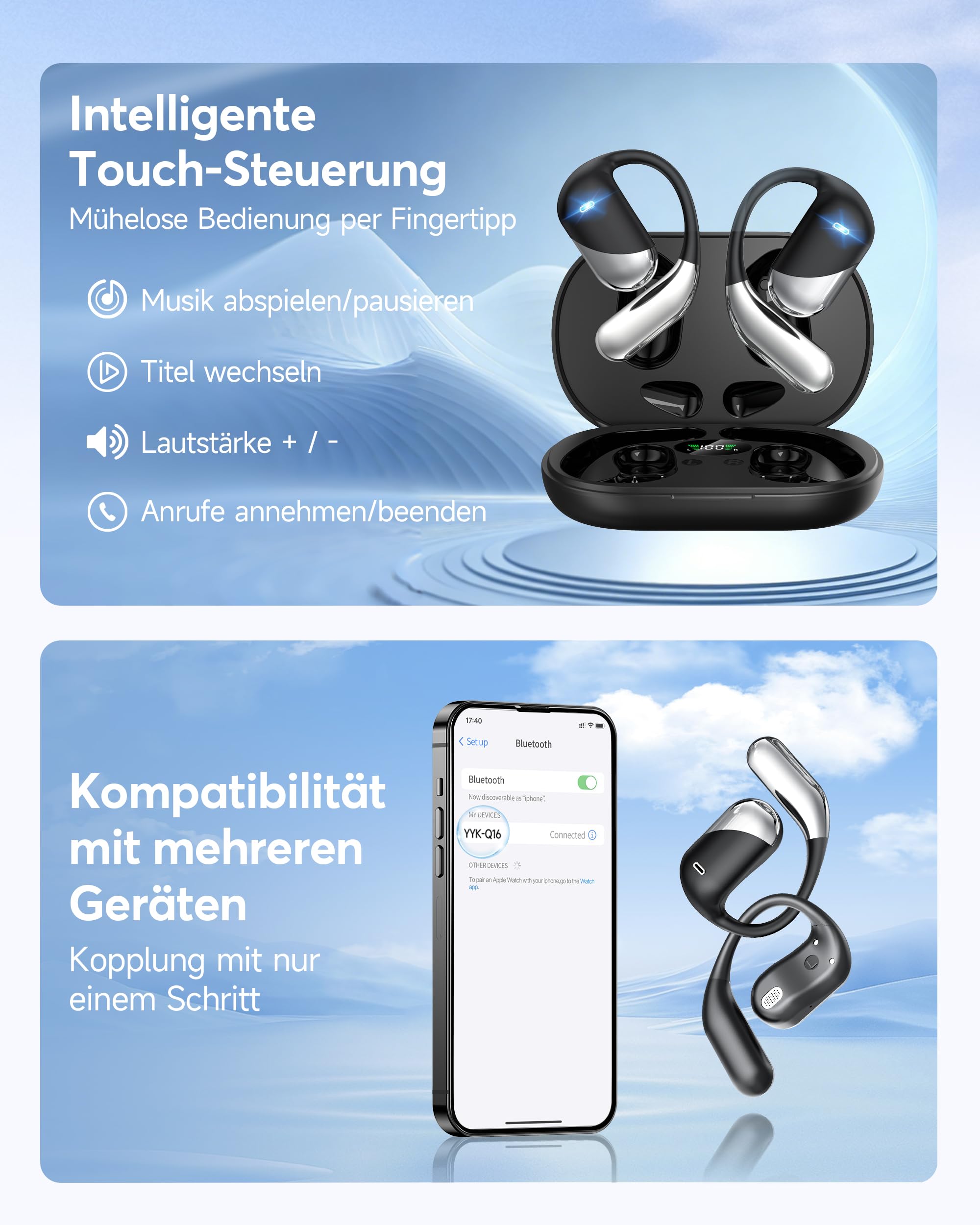 Offene Ohr Kabellose Ohrhörer, Sport Bluetooth Kopfhörer mit Echtzeitübersetzung, 80 Stunden Akkulaufzeit mit LED-Akkuanzeige, Geräuschunterdrückung, IP55 Wasserdicht für Training Laufen (Schwarz)
