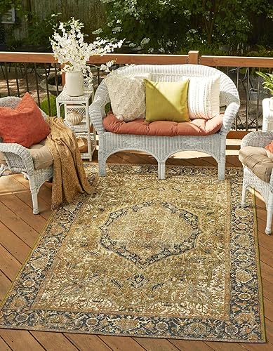 Unique Loom Colección tradicional al aire libre alfombra de área - Nosara (2 pies x 3 pies 1 pulgada, rectangular, verdebeige)