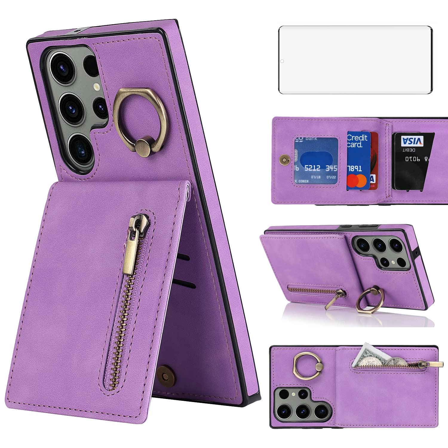 Asuwish Phone Case for Samsung Galaxy S23 Ultra 5G Wallet Cover with Screen Protector and Zipper RFID Card Holder Ring Stand Leather Cell Accessories