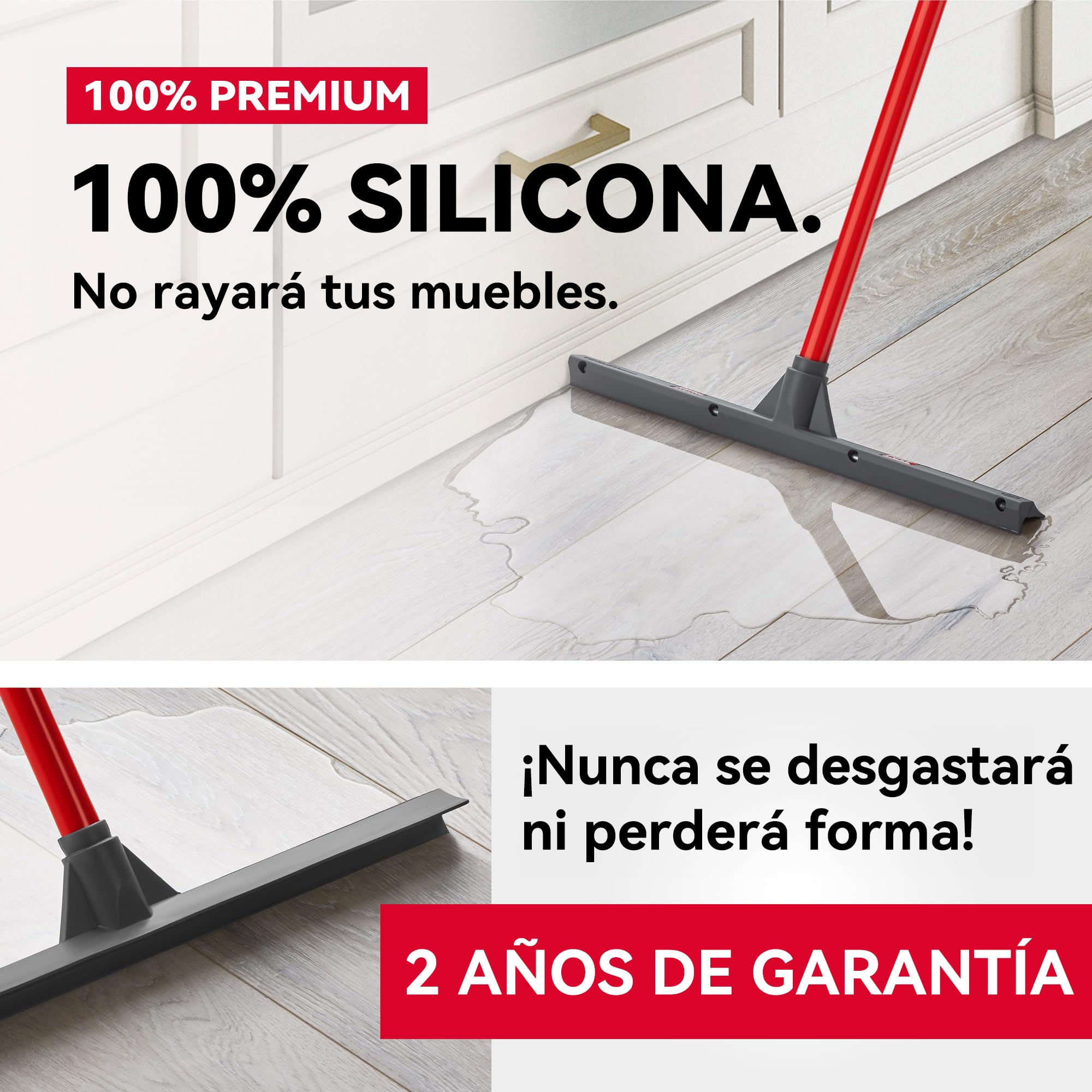 Tyroler Empujar y Tirar Escobilla de Goma Silicona | Cabezal de 100% Silicona de 44 cm | Mango de 140 cm | Escoba de Goma para Suelo | Haragan para Suelos Exterior| Aragan para Suelos | Araganes