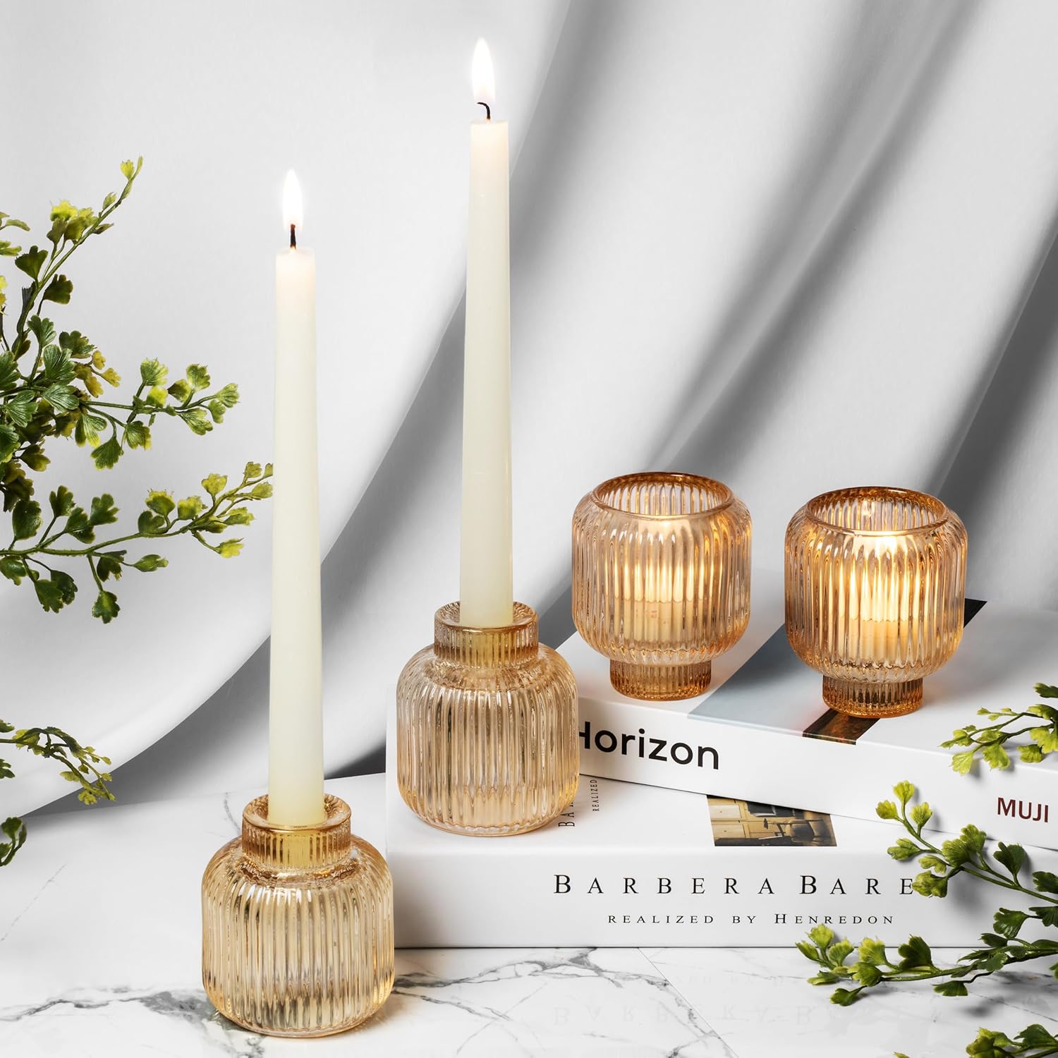 Set of 4 Gold Glass Candlesticks – Candle Sticks Holder Decor for Home or Events – Elegant Taper Candle Holders