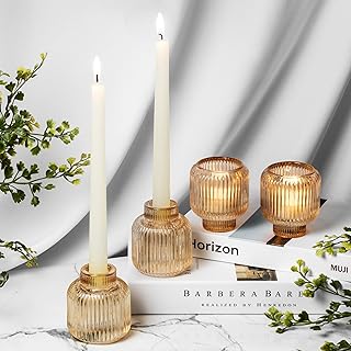 Set of 4 Gold Glass Candlesticks – Candle Sticks Holder Decor for Home or Events – Elegant Taper Candle Holders