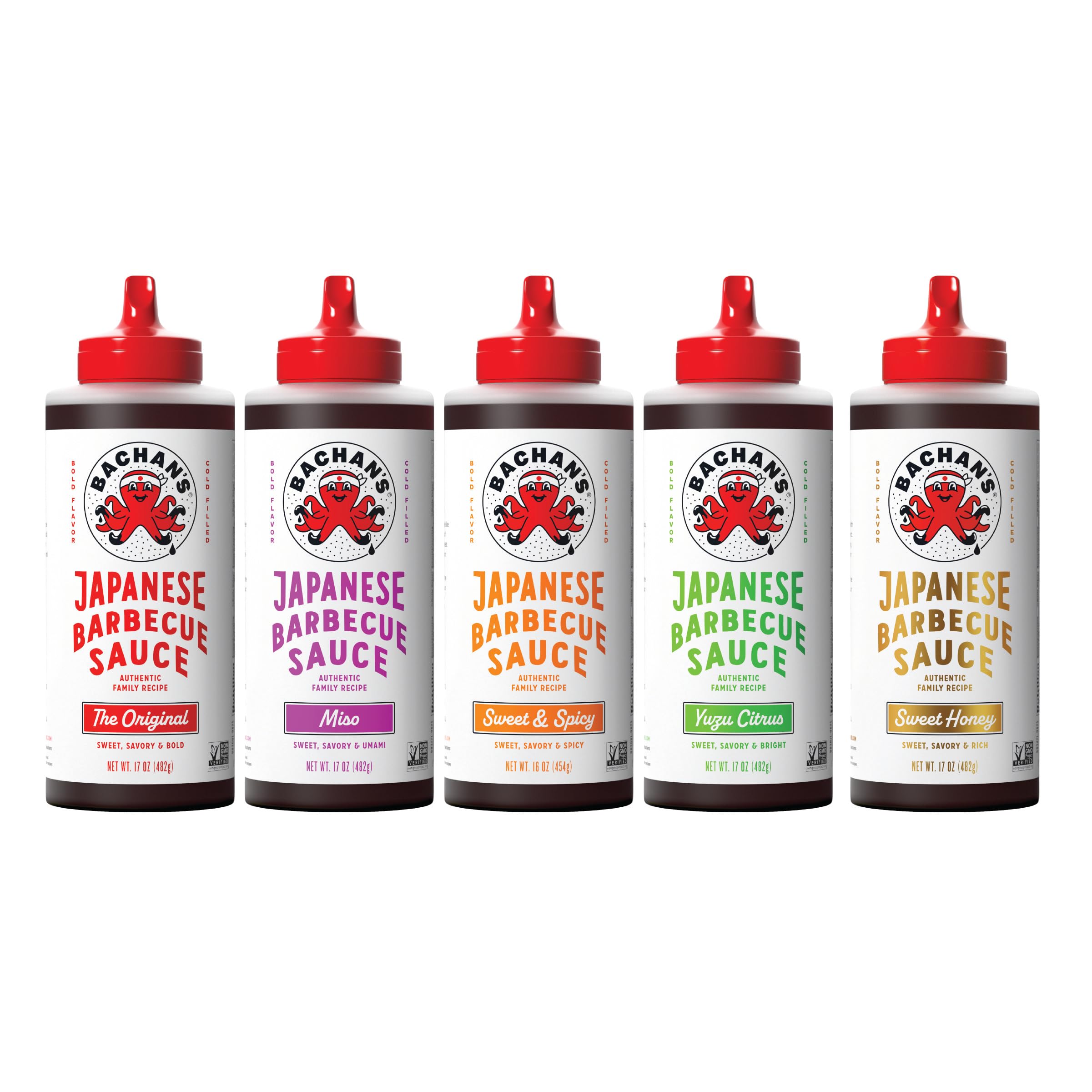 Bachan's Japanese Barbecue Sauce 5 Pack - 1 OG, 1 Spicy, 1 Yuzu, 1 Miso, 1 Sweet Honey - BBQ Sauce for Wings, Chicken, Beef, Pork, Seafood, Noodles, and More. Non GMO, No Preservatives, BPA free