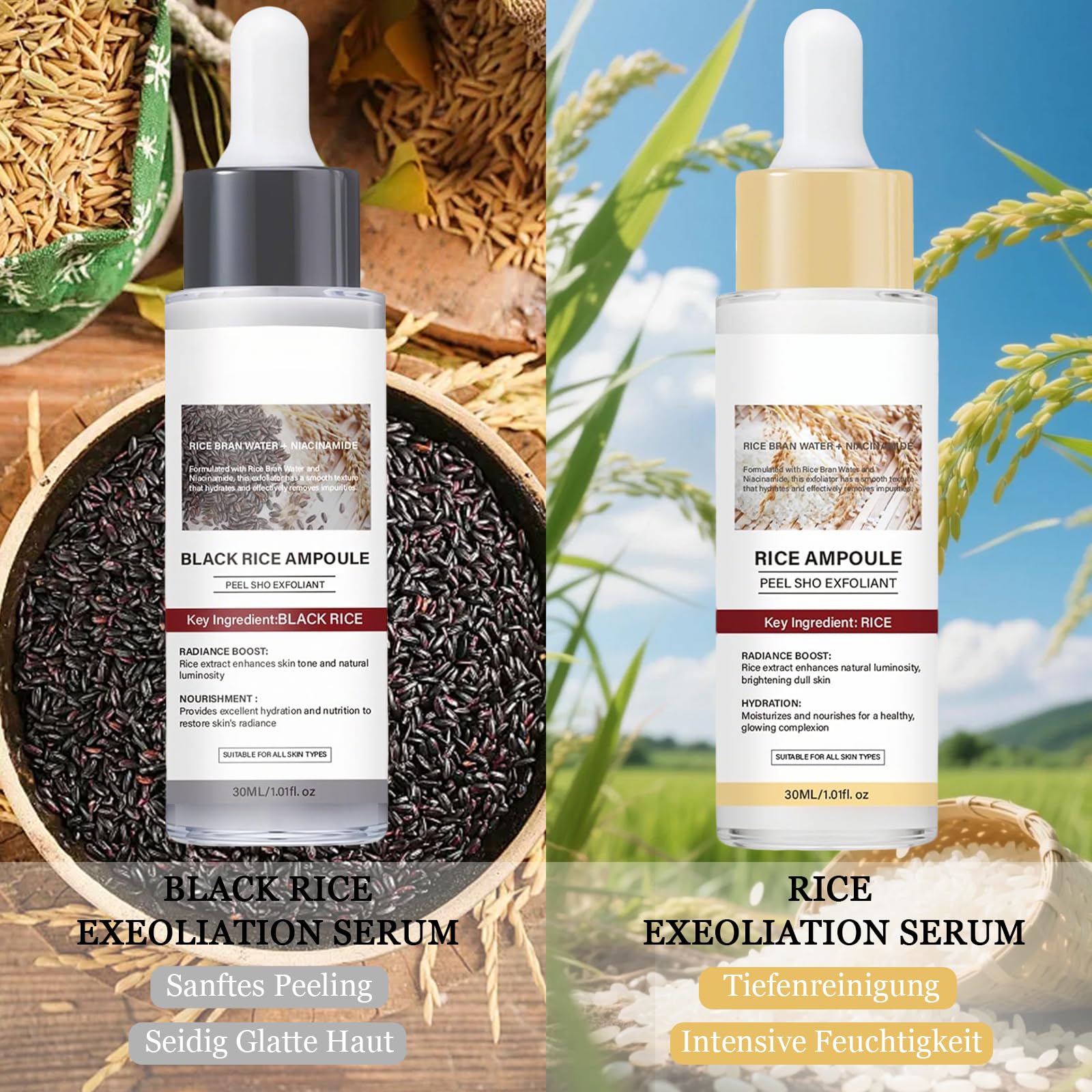 Peel Shot Glow Rice Ampoule Duo, 2PCS Siero Coreano Esfoliante al Riso Bianco & Nero, Delicato Viso Peeling, Rimuove Cellule Morte, Elimina Punti Neri, Pulisce Pori, Idrata Profondo