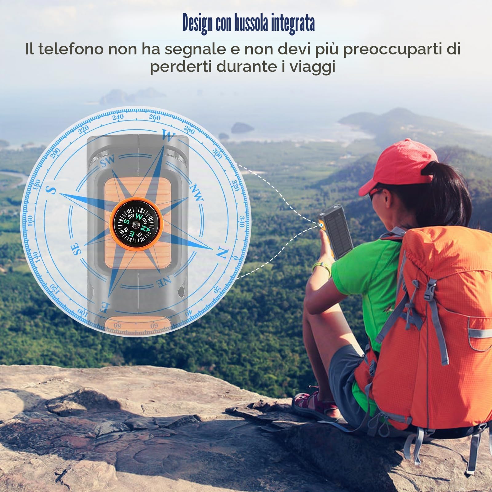 Power Bank Wireless Solar 26800 mAh con 4 cavi, generatori esterni, 3 A, ricarica rapida, 6 ingressi e 3 uscite, luce di emergenza a LED e bussola, pannello solare impermeabile anti-caduta per viaggi
