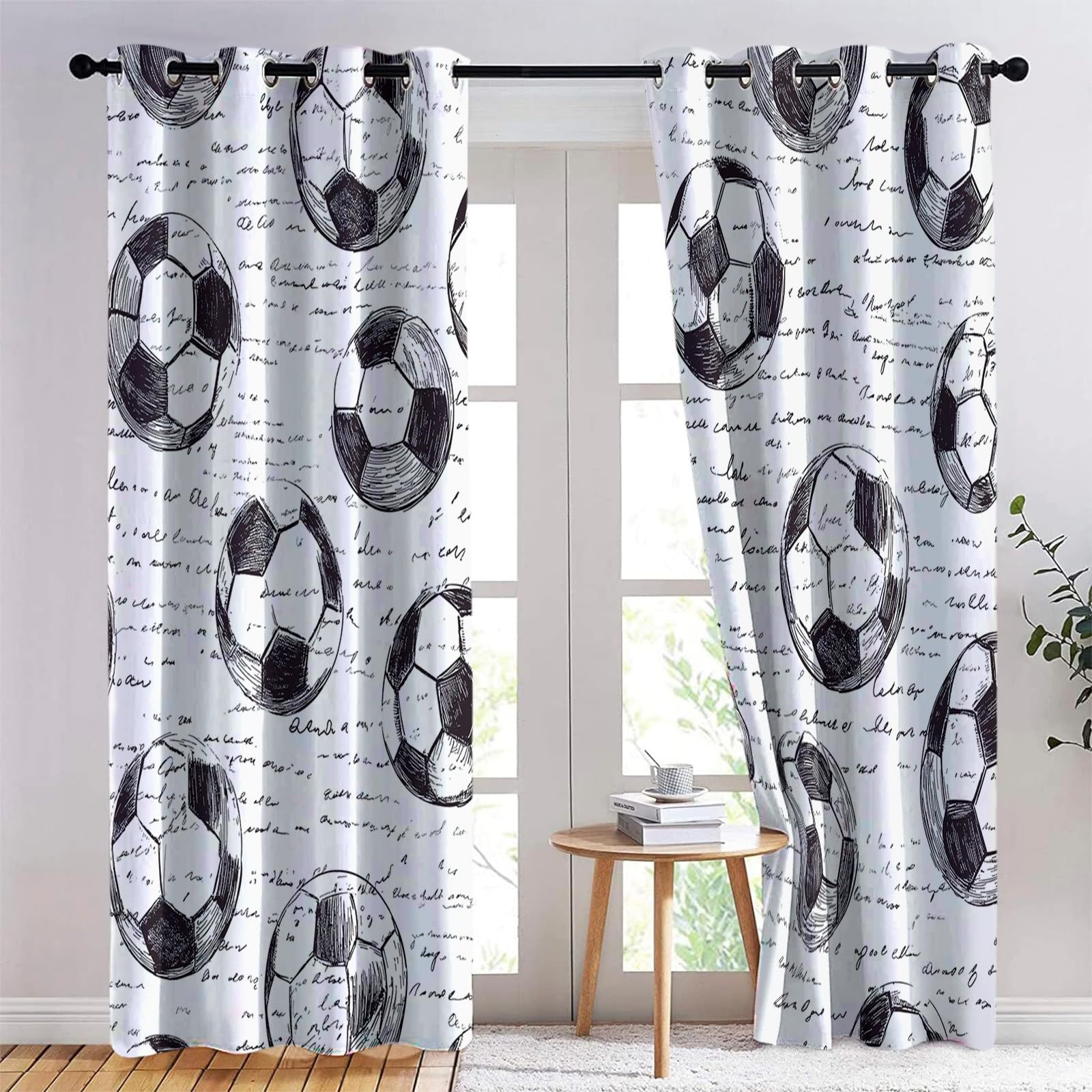 Cortinas Salon Opacas Patrón Fútbol Dibujado A Mano, Cortinas de Ojales Dormitorio para Niños 2 Piezas Suave En Blanco Y Negro Termicas Curtain para Habitación Decor Ventana, 2x140x245 cm