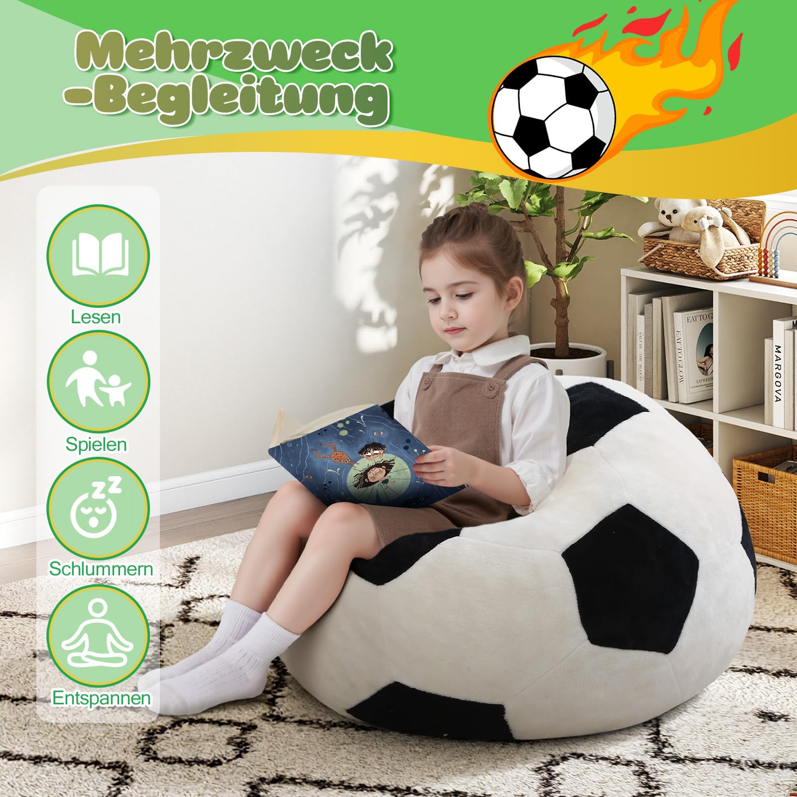 MeMoreCool Sitzsack Kinder Fußball Design – Weicher Flanell Beanbag mit Hochdichter Schaumstoff-Füllung, Gemütlicher Sessel für Jungen & Mädchen im Kuschelecke Kinderzimmer & Spielzimmer