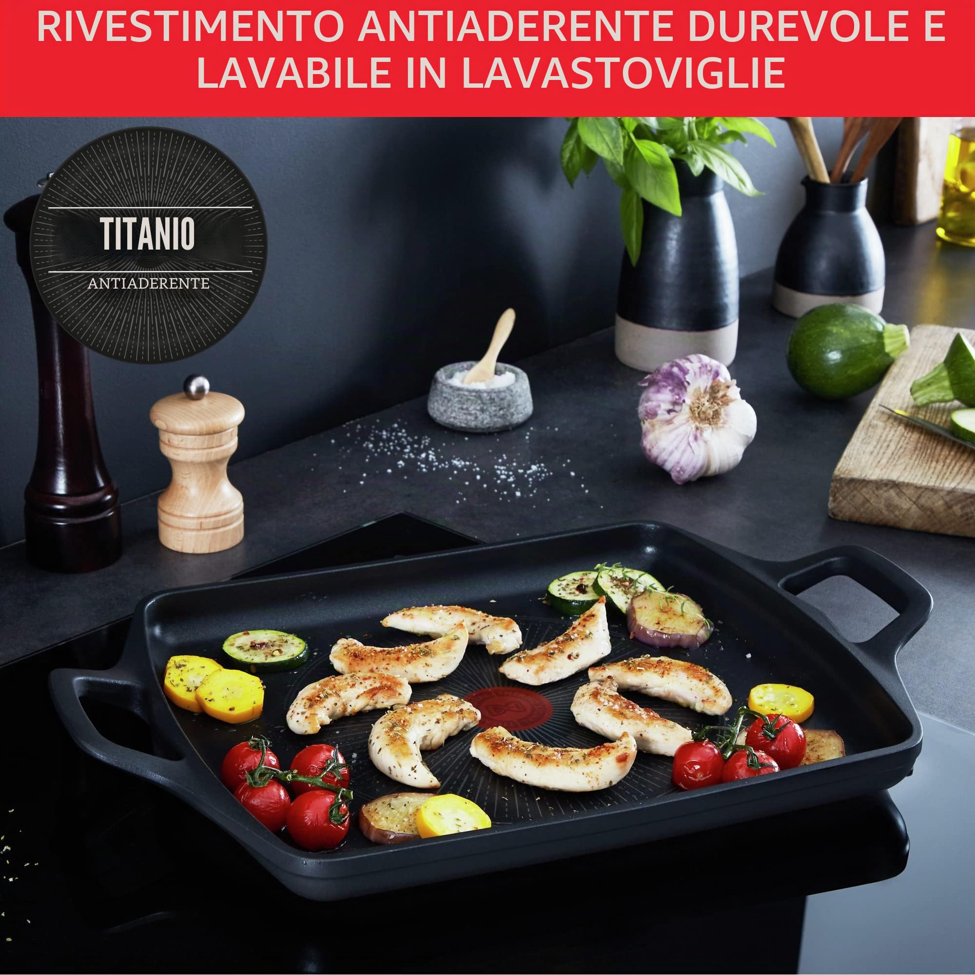 Tefal E2499845 Aroma On - Piastra in alluminio pressofuso, rivestimento in titanio antiaderente e thermosport, adatta a tutti i tipi di fornelli, base spessa adatta per induzione, 26 x 32 cm