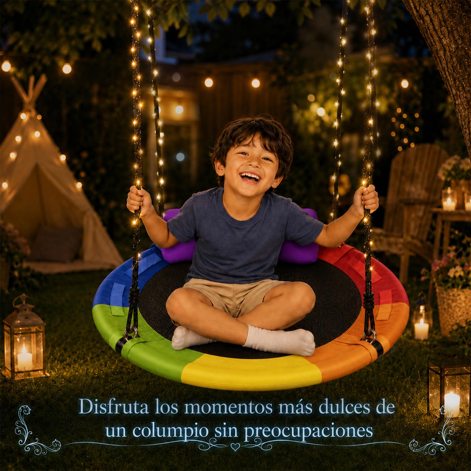 Columpio Tipo Nido Exterior de 100 cm, Columpio de Disco Jardín Capacidad de Carga de hasta 300 kg con Guirnalda de Luces, Giratorio 360° y Kit de Montaje para Niños y Adultos (Rojo)