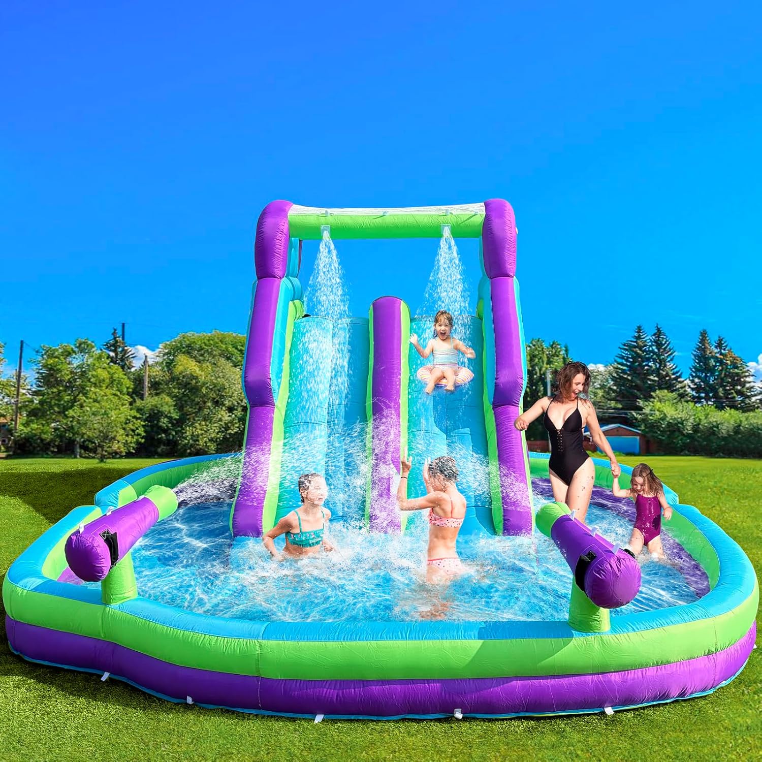 Inflatable Double Water Slide-17.7FT Large Climber Inflatable Water Park for Big Kids 5-10-Huge Splash Pool-Easy to Set Up & Inflate with Air Blower,Carrying Case,Water Pipe,Storage Bag-Purple