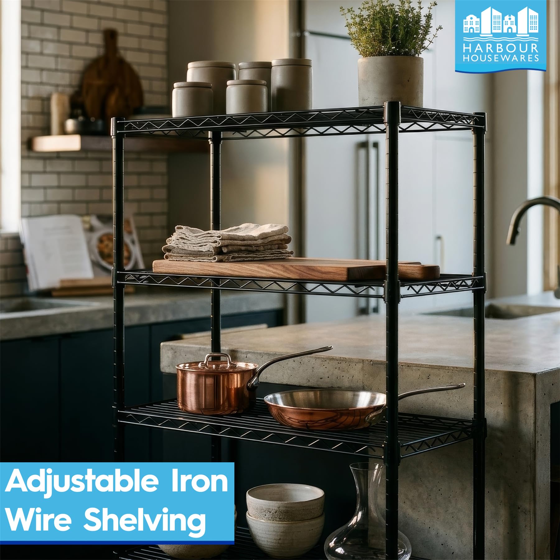 Harbour Housewares 4. Ebene Verstellbares Drahtregal - Schwarz - 2X Stehen Metall 4 Regal Küche Garage Badezimmer Bücherregal Lagerung Gestell