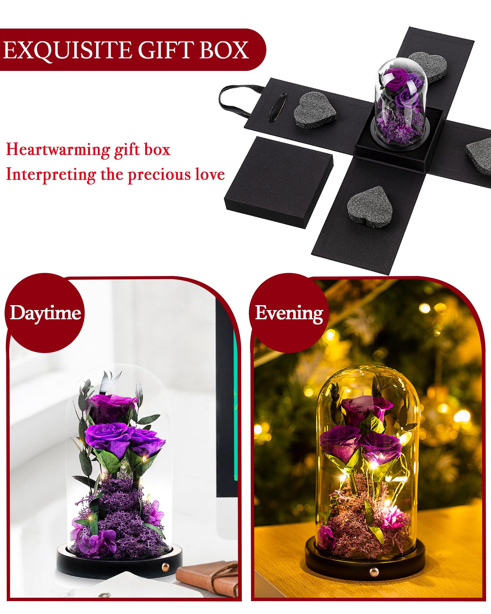 Agrul Rose Gifts for Women Preserved Rose in Glass Dome Forever Real Roses Birthday Gifts for Women Mom Best Friend Girlfriend Wife Grandma,Purple Rose Gifts for Her