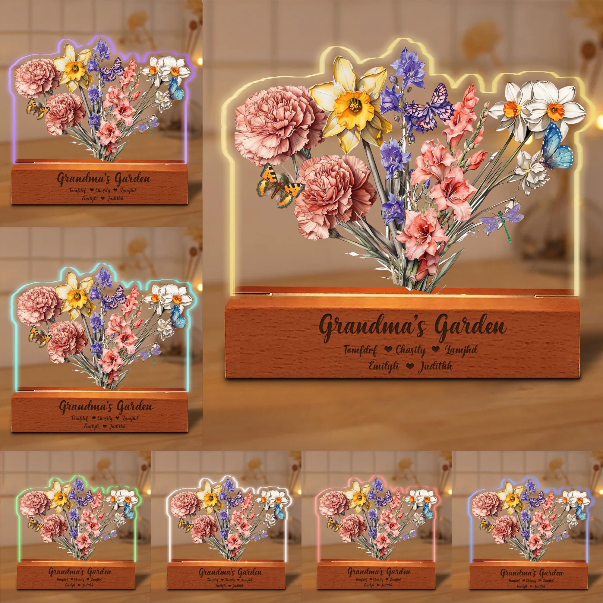 BFHEFGSUU Personalised Grandma's Garden Night Light Custom 1-10 Names Birth Month Flower Lamp Romantic Gifts for Mom Grandma Mother's Day Birthday (Style 3)