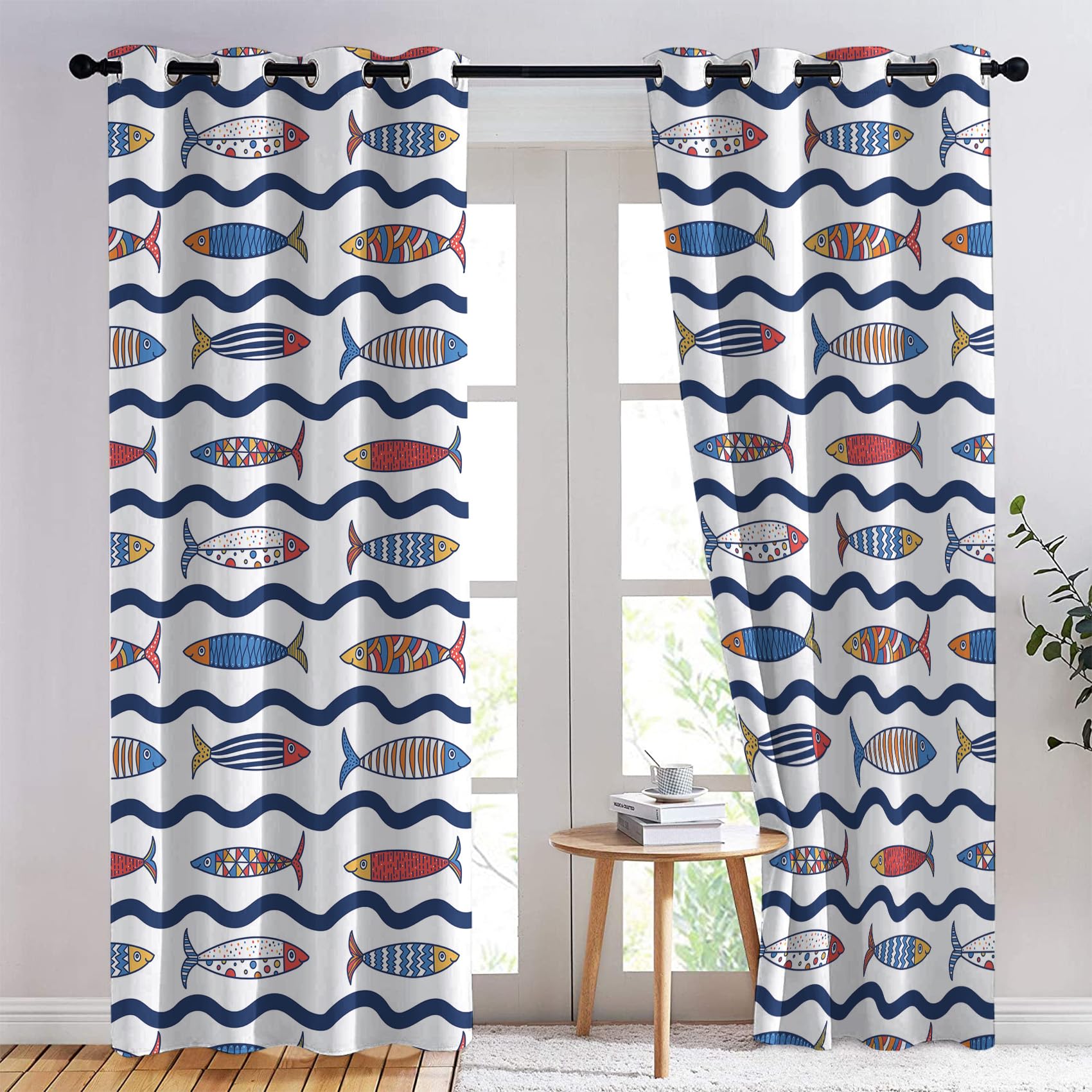 Vorhänge Fisch - Kinder Süße Cartoon Fenster Gardinen mit Ösen, Vorhang Blickdicht Verdunklungsvorhänge Thermovorhang für Wohnzimmer Schlafzimmer Deko 2er Set, H 160 x B 140 cm I-#266