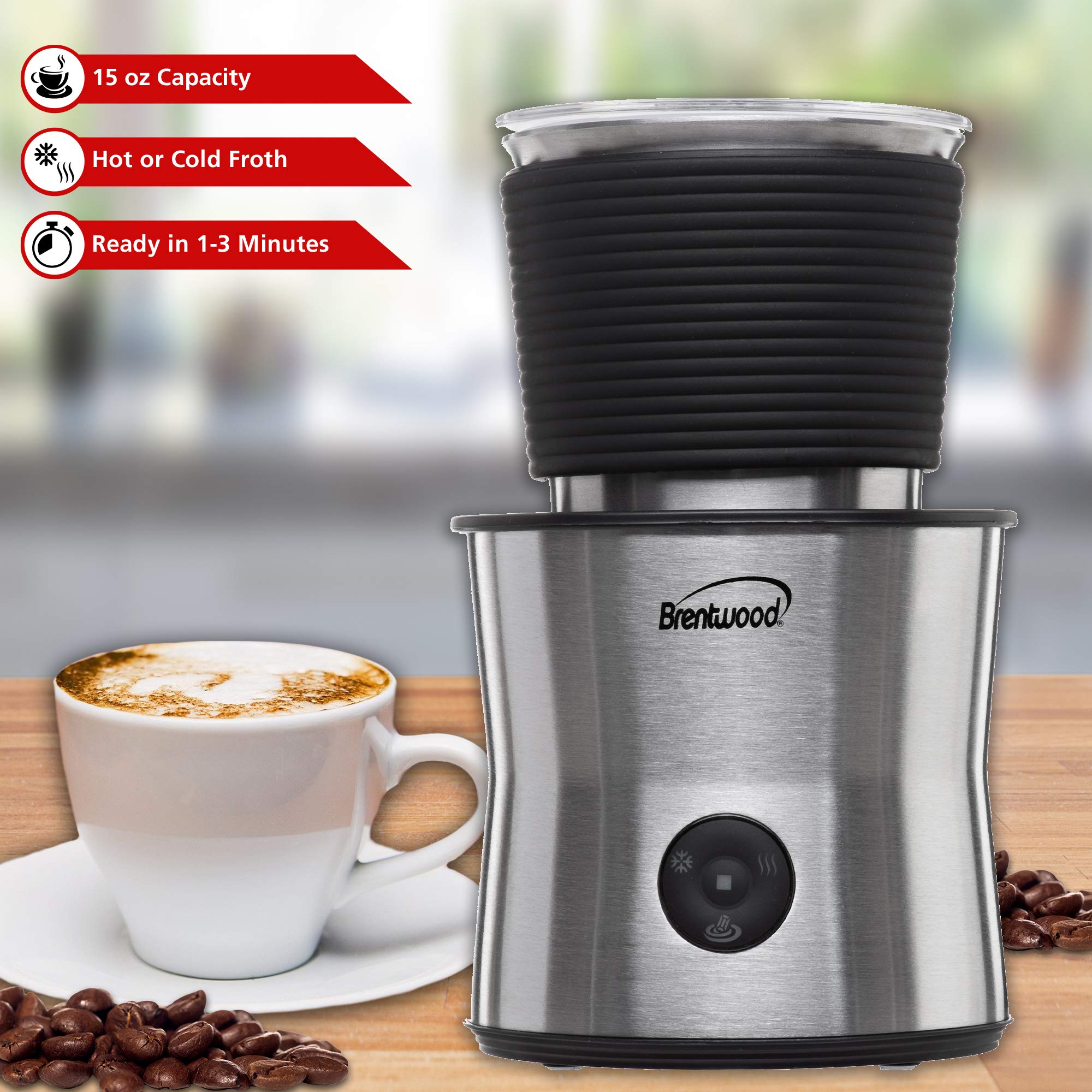 Brentwood GA-402S Cordless Electric Milk Frother, Warmer, and Hot Chocolate Maker, 300 milliliter Capacity, Stainless Steel