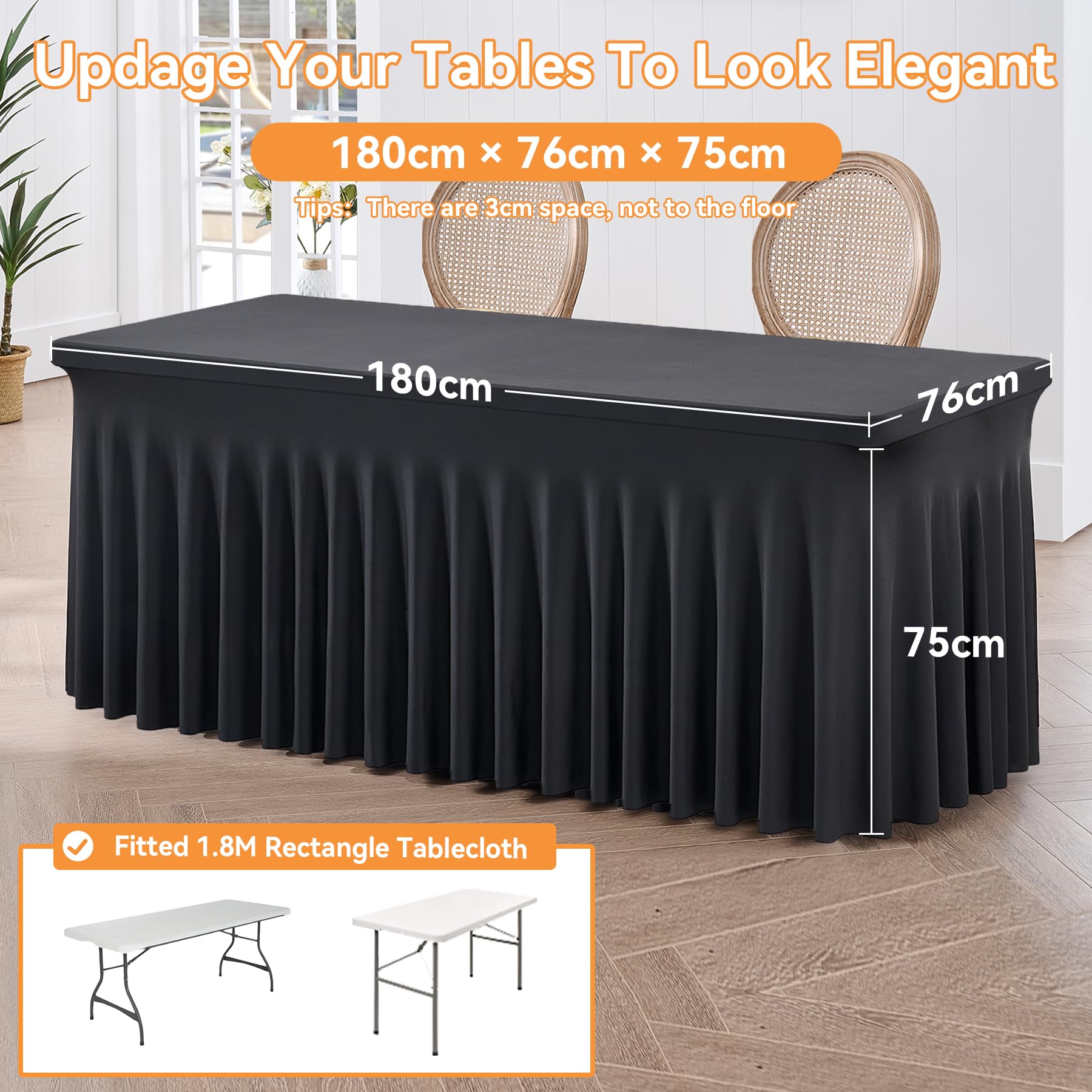 HB HBB MAGIC 4 Mantel de Falda de Spandex Negro para mesas rectangulares de 1,8 m, Mantel Negro elástico sin Arrugas, Falda de Mesa Plisada para Fiestas, Bodas de cumpleaños, duchas de bebés
