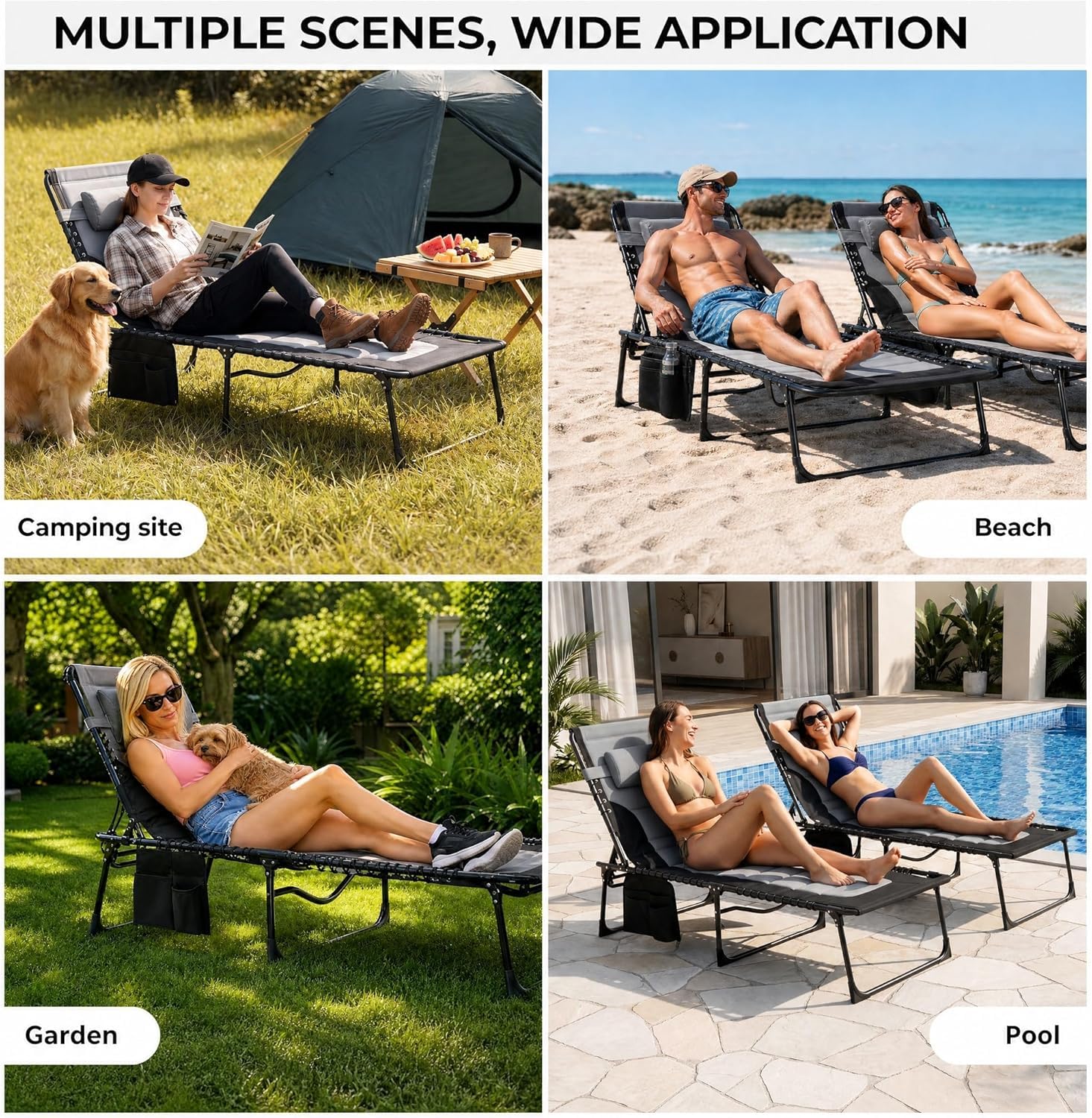 Clevich XXL Liegestuhl klappbar, 199×66 cm Übergroße Sonnenliege mit 5-Fach Verstellbarer Rückenlehne, Gartenliege mit Kopfkissen & Seitentasche, Campingliege bis 150 kg für Strand, Pool