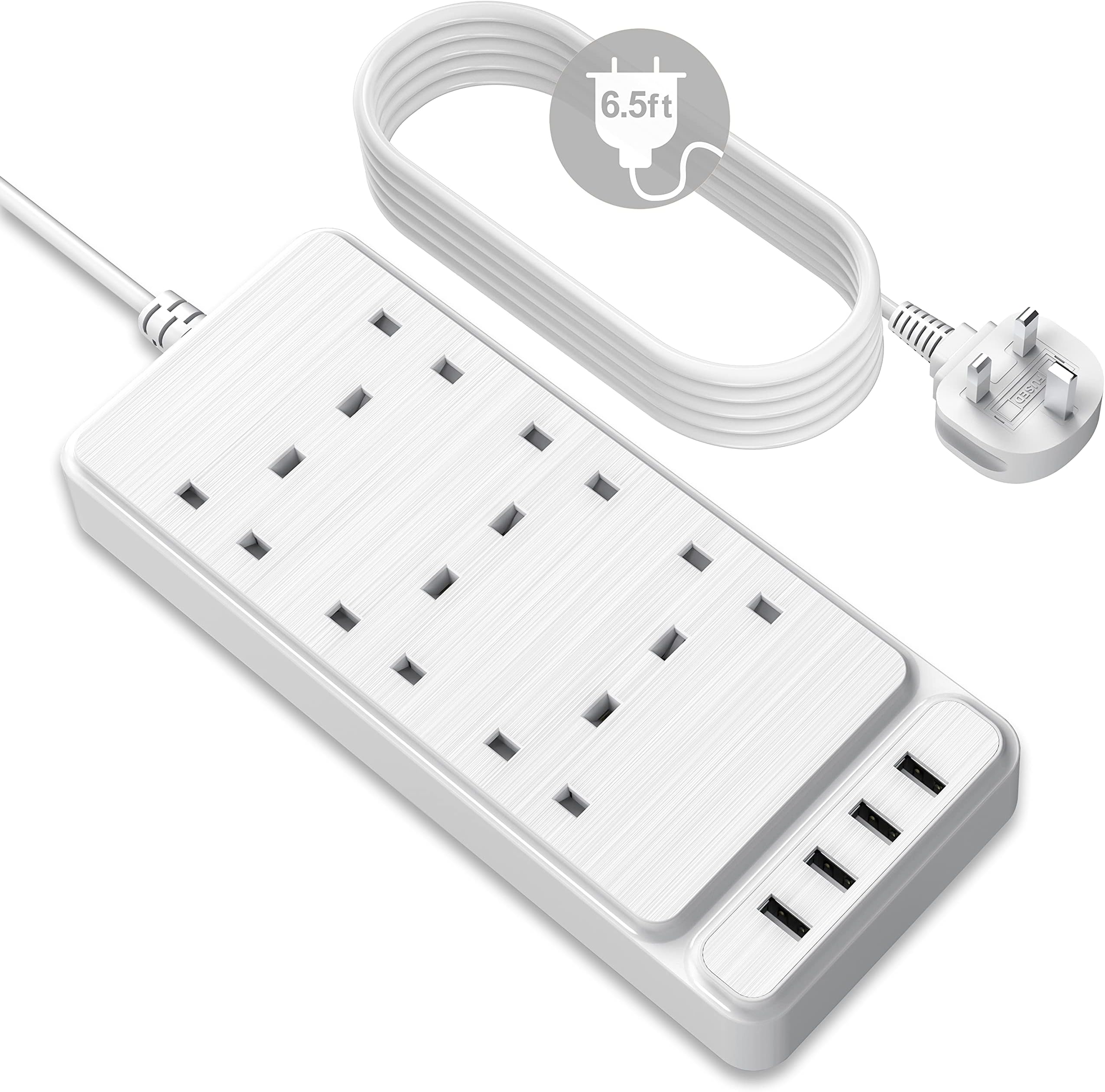 Extension Lead with 4 USB Slots, HITRENDS Power Strips with 6 Way Outlets (2500W/10A) Surge Protection Plug Extension Socket with 6.5ft Extension cord for Home Office, White