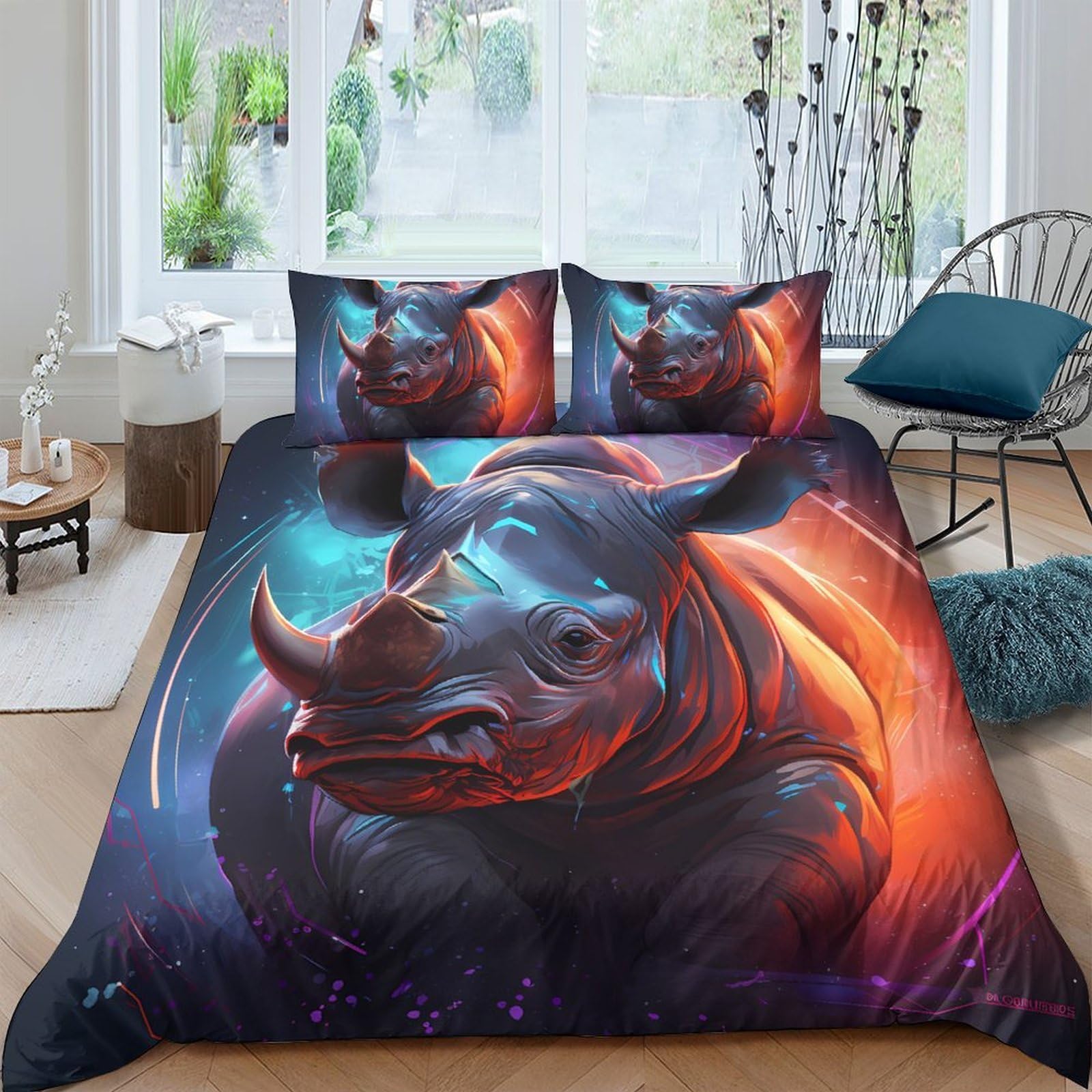 Ctjqhvkz Style-5 3D Printed Neon Rhino Fitted Sheet Microfiber Soft Anti-Slip Cosmic Fire Mattress Cover For Bedroom Dorm Decor Single（135X200cm）