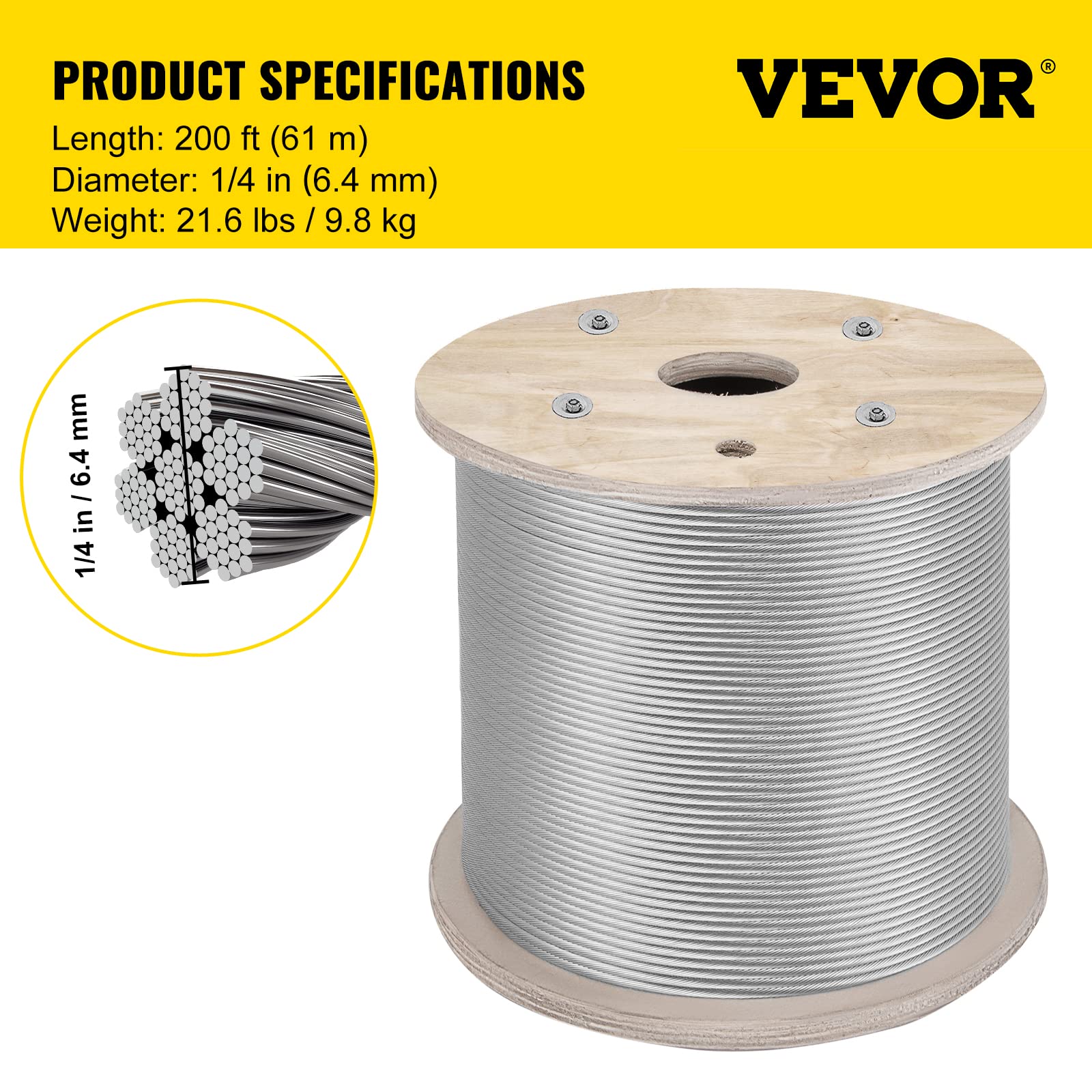 VEVOR Câble en Acier Inoxydable, 6,4 mm x 61 m, Câble Métallique Inox Tressé 7x19 Qualité Marine Résistance à la Rupture 2900 kg pour Garde-corps, Balustrade, Guirlande Lumineuse à Suspendre, Clôture