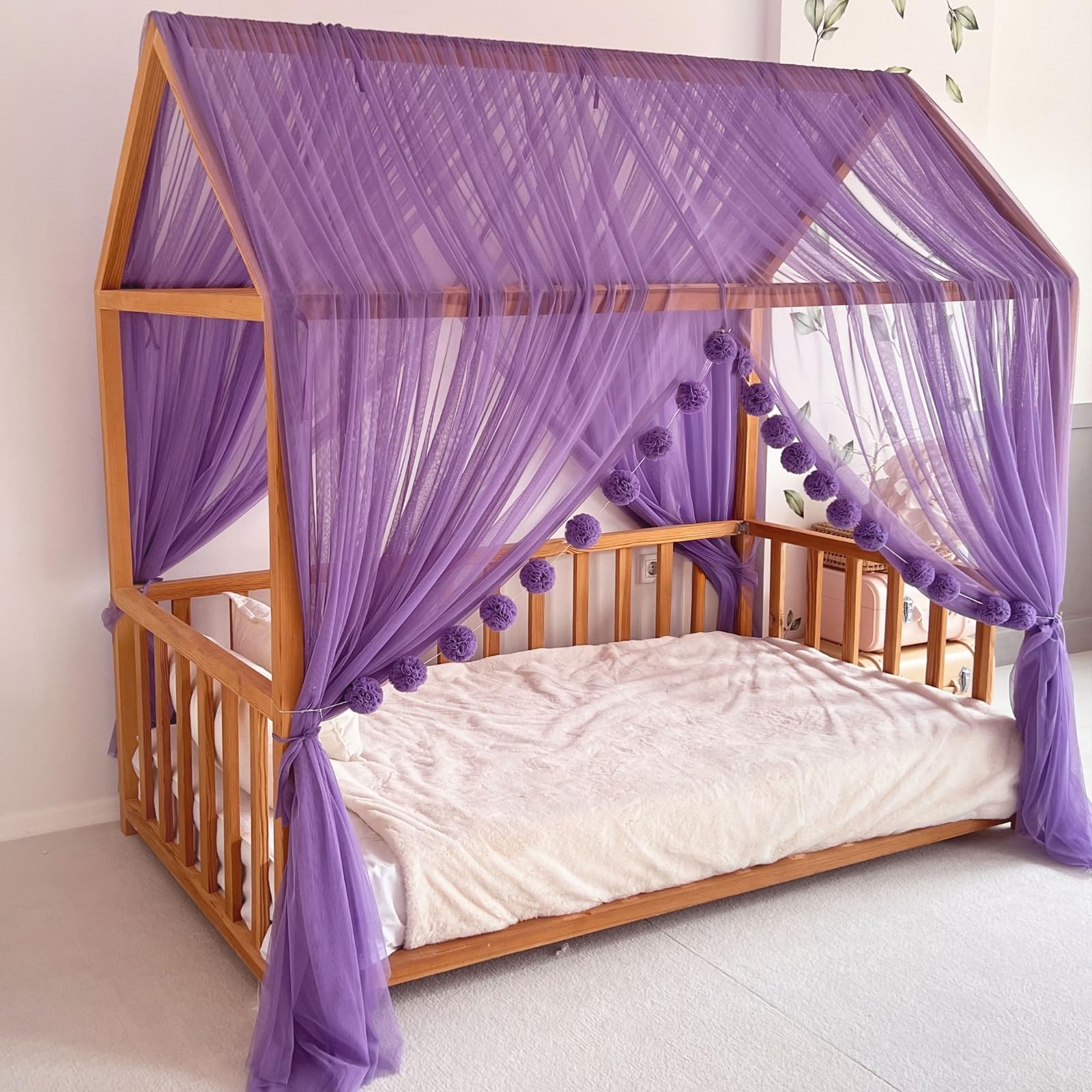 Montessori Betthimmel für Kinderzimmer für Mädchen und Jungen, elegante Tüll-Kinderzimmer-Dekoration, Kleinkind-Bettvorhang mit weichem Drapierung (lila, 400 cm, kein Zubehör)