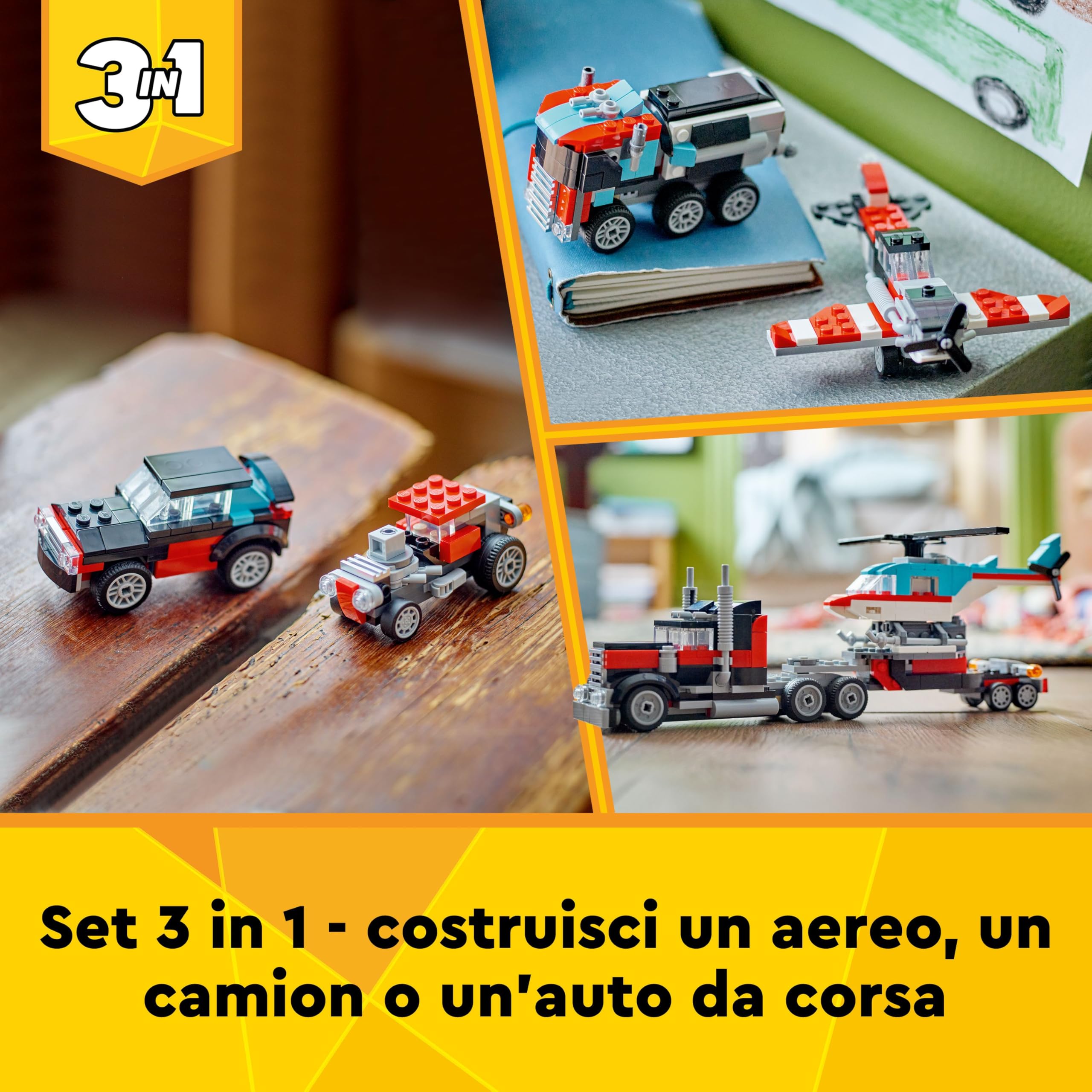 LEGO Creator 3 in 1 Autocarro con Elicottero, Giochi per Bambini e Bambine da 7 Anni, Camion Giocattolo Ricostruibile in Aereo e Cisterna o in Auto da Corsa e SUV, Idea Regalo di Compleanno 31146
