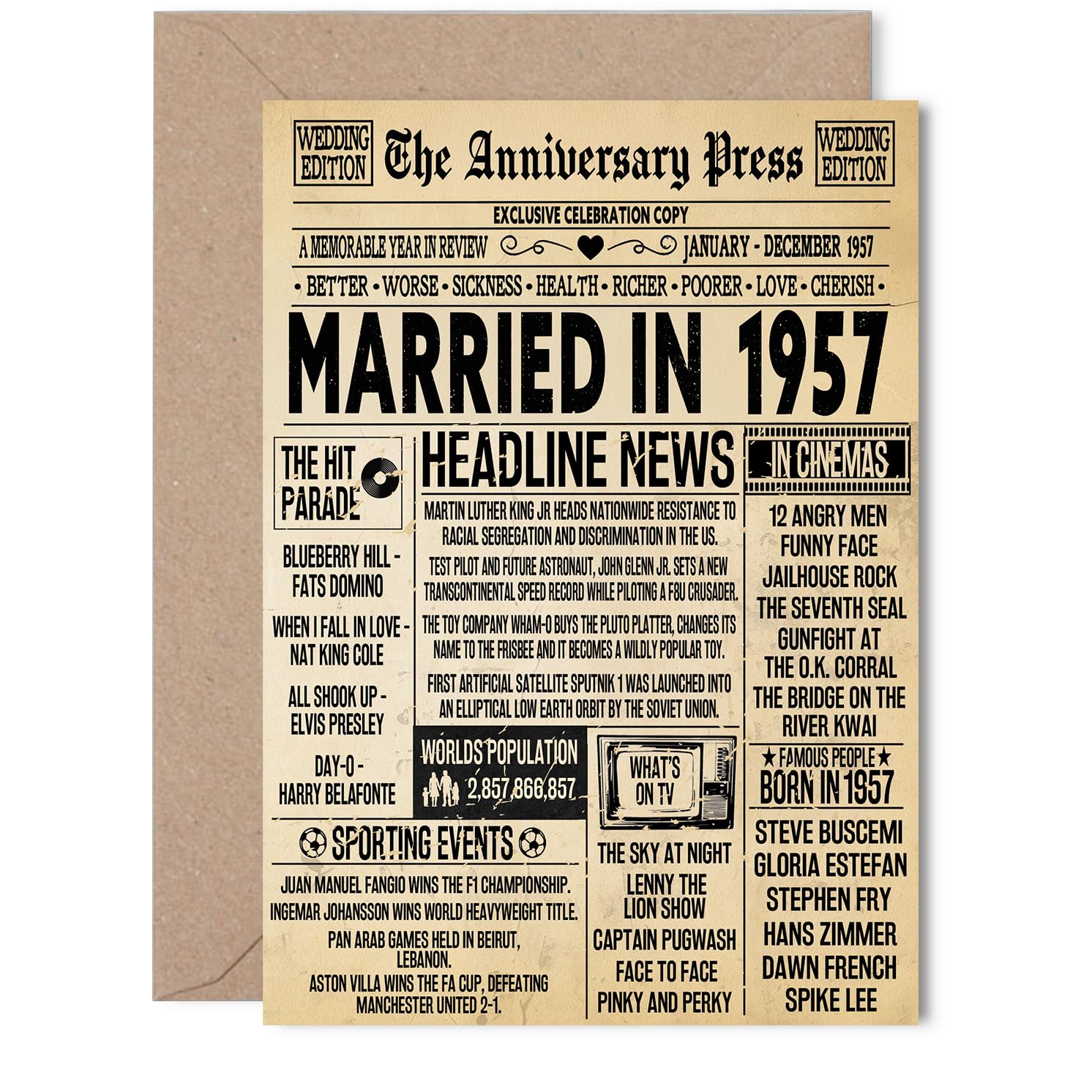 69th Anniversary Card for Women Men - Vintage Newspaper Married in 1957-69 Year Wedding Anniversary Card for Husband Companion Wife Partner, 5x7 Inch Anniversaries Greeting Cards