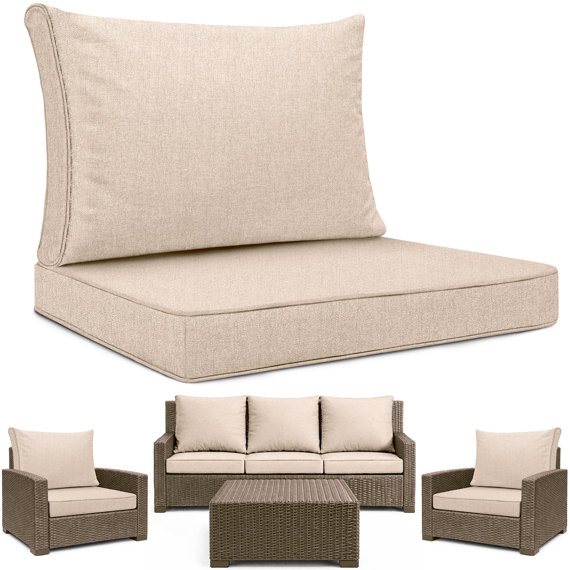 SAPPHIRE Replacement Cushions for Keter Allibert California Garden Furniture Set – Outdoor Patio Seat & Back Cushions, Water Resistant Foam Filled Rattan Patio Set Sofa Cushion Pads 2 Seater 4PC Beige