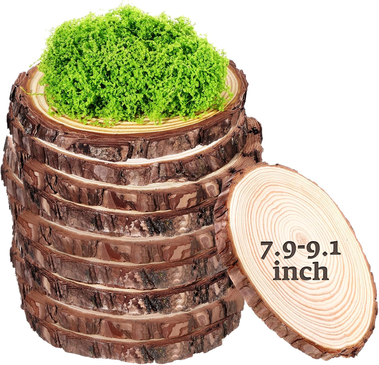 Nuanchu 11 Pack Wood Table Centerpieces with Rustic Wood Slices and Artificial Fake Green Moss for Wooden Fairy Wedding Woodland Table Decor Ideal DIY Crafts (7.9-9.1'')