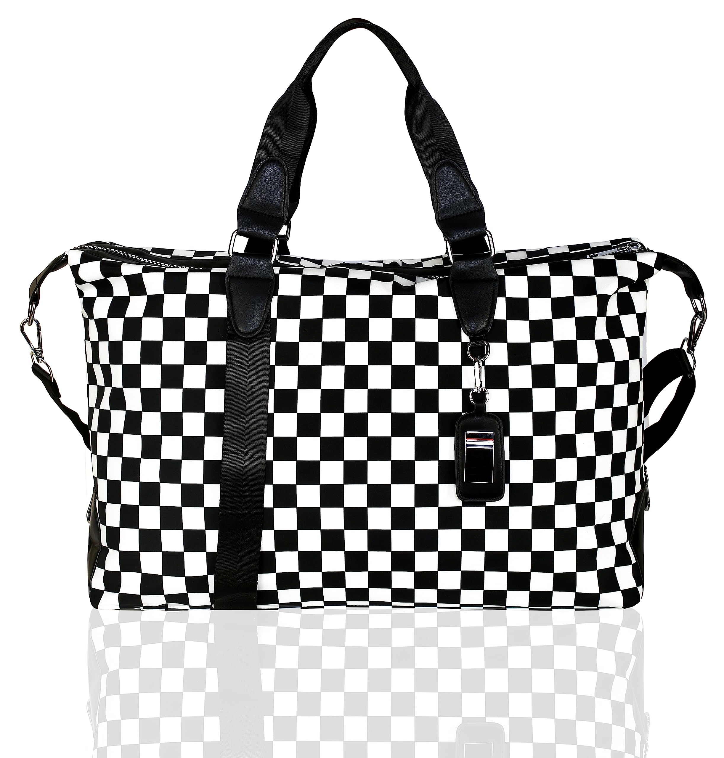 Checkered Travel Duffle Bag, Black and White Satin, Detachable Shoulder Strap, Business Cabin Luggage Bag-image-41