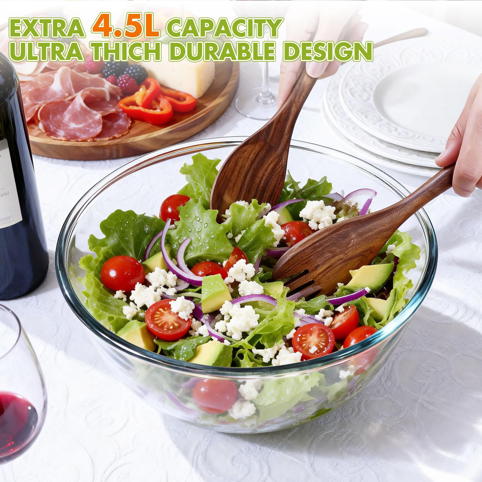 Greentainer Juego de ensaladera de 4 piezas, cubiertos para ensalada con cuenco para ensalada, cuenco redondo, ensaladera de cristal, apto para lavavajillas