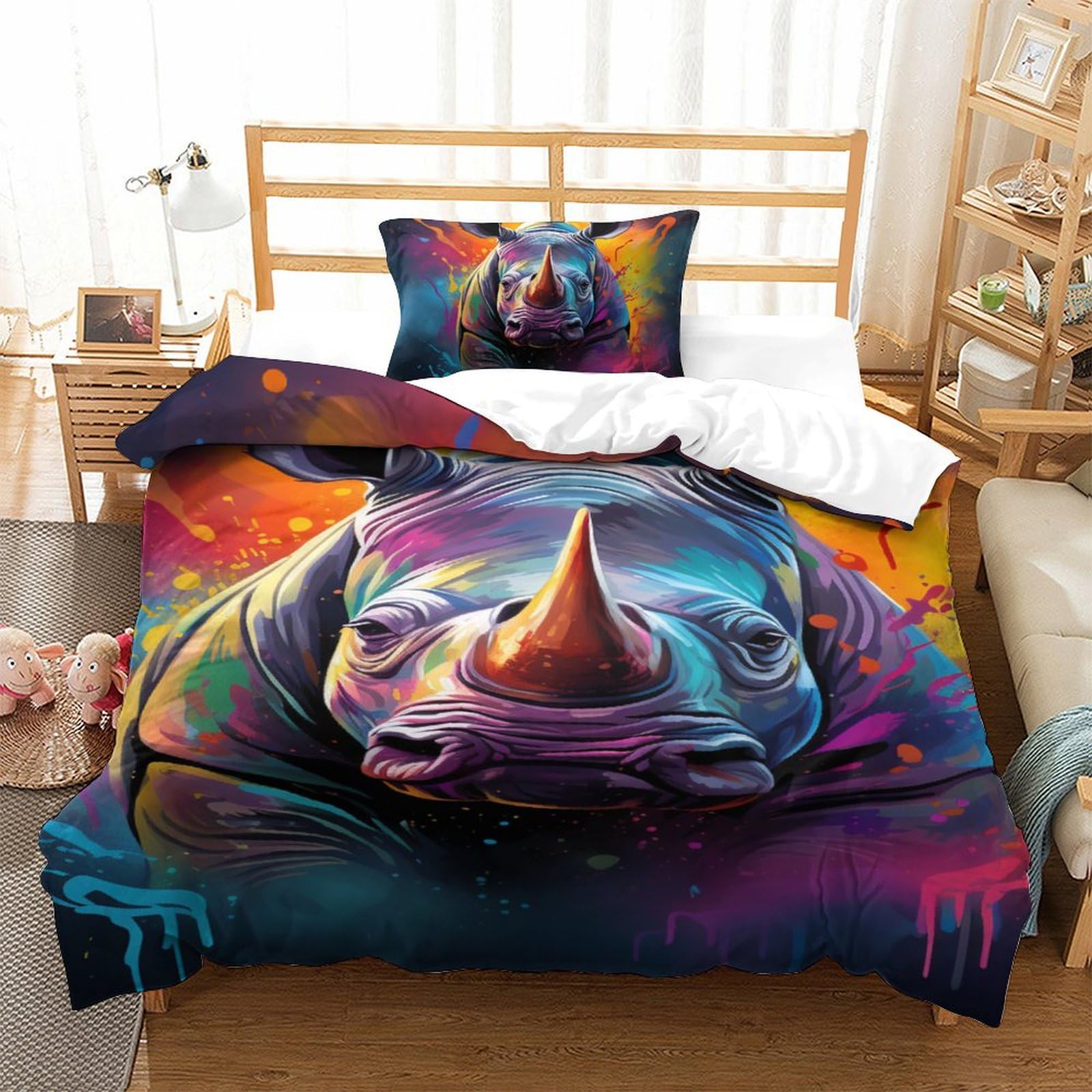 Housse de couette rhinocéros 3D 2 pièces avec taie parure lit 135x200 doux