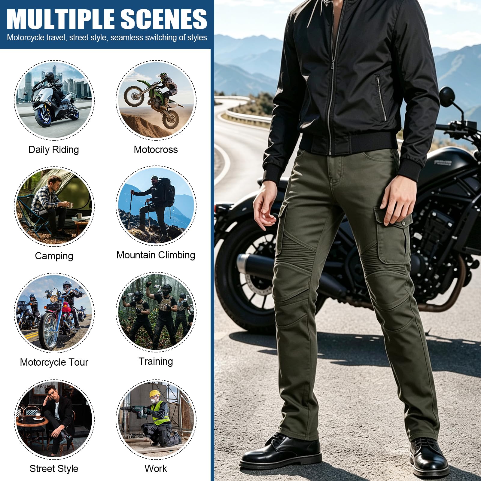 Pantaloni da Moto per Uomo con Protezioni, Jeans per Motociclismo, Moto Biker, Denim Elasticizzato Resistente per Avventure E Tutte Le Stagioni