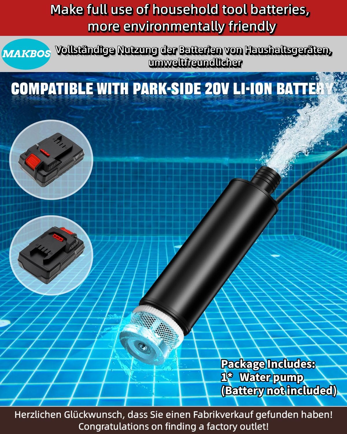 Pompa sommersa per Parkside a batteria da 20 V, pompa per acqua sporca, pompa di aspirazione, pompa di aspirazione, pompa per piscina, cantina, piscina, giardino, mini pompa sommergibile (senza