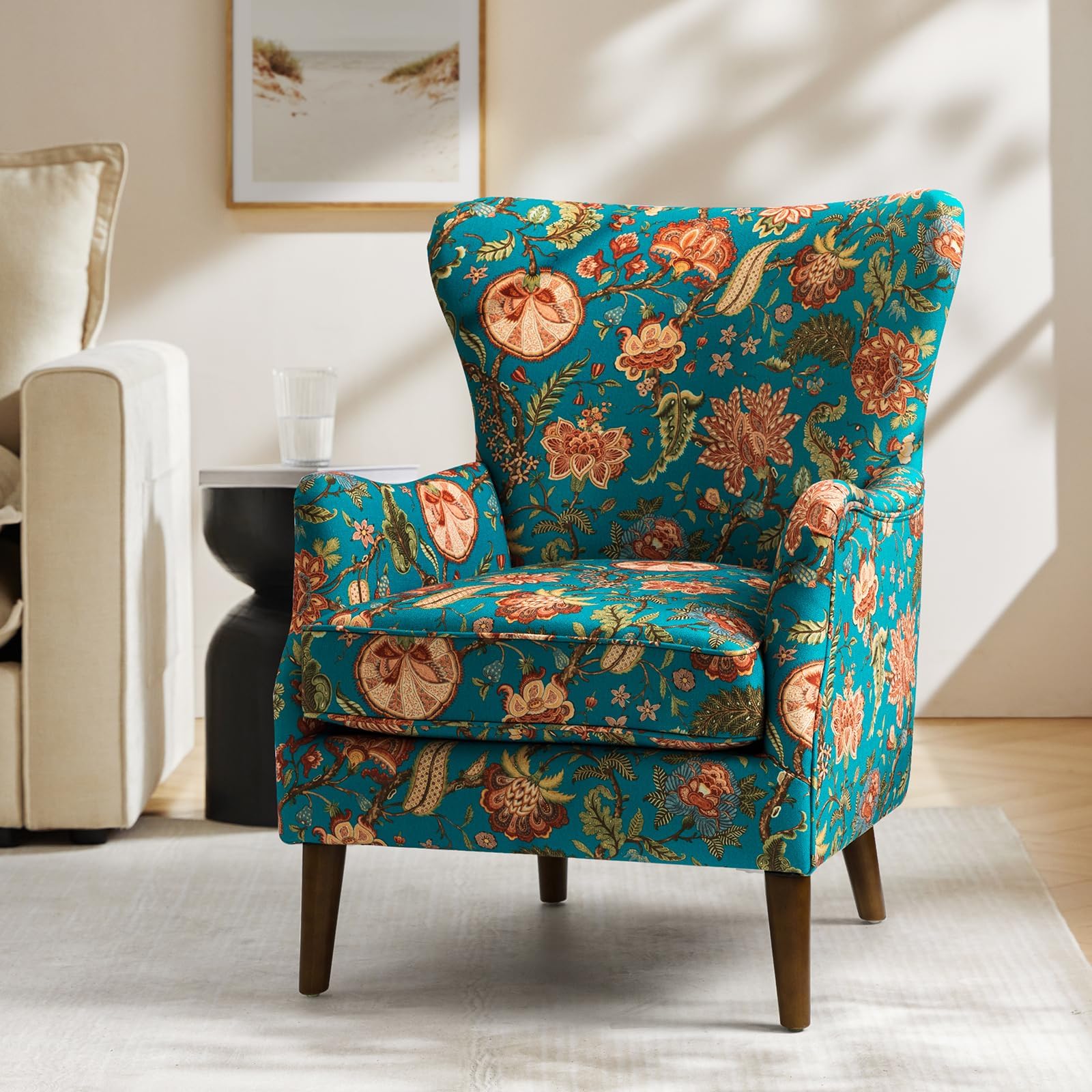 HULALA HOME Wingback Accent Armchair, Classic Accent Chair with Ergonomic Arms, Armchairs with Solid Wooden Legs Floral Fabric Pattern for Living room, Office, Bedroom, TEAL