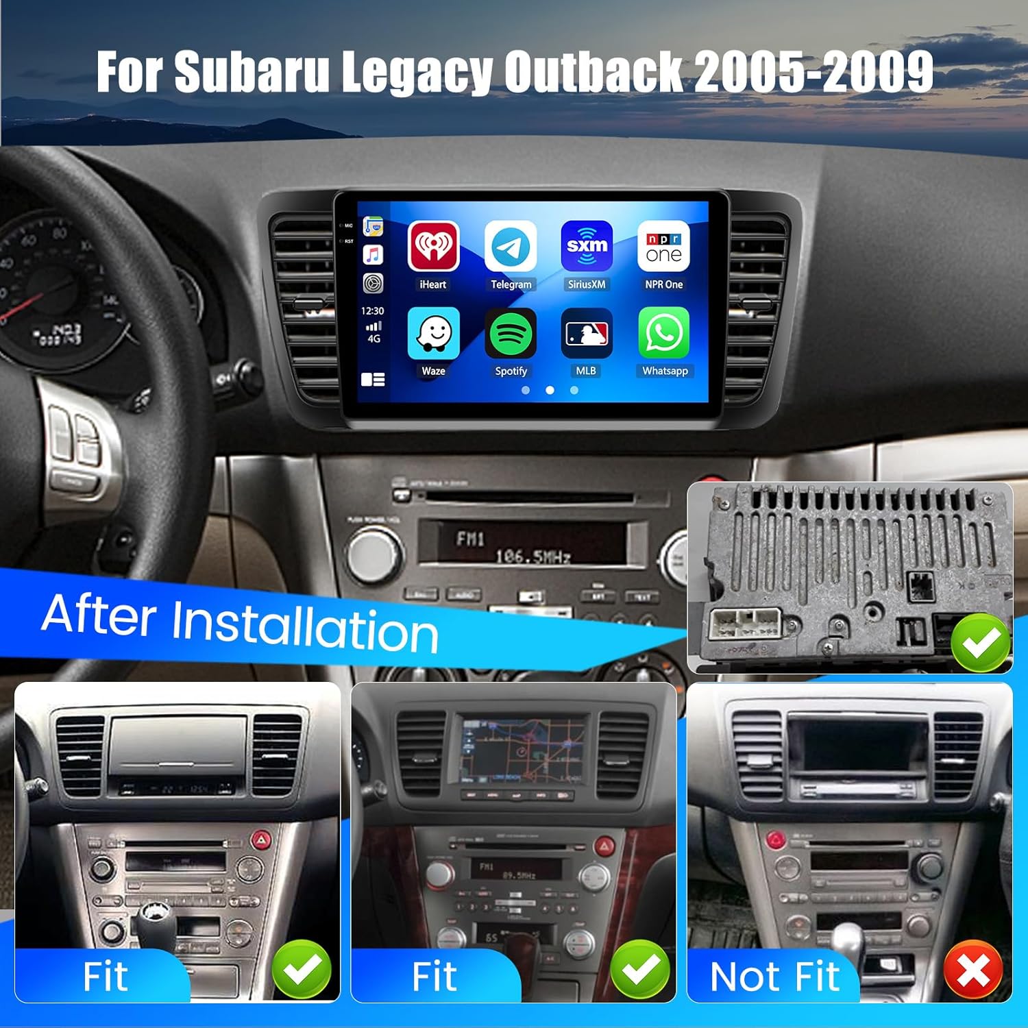 Hikity 4+64G Android 15 Car Stereo for Subaru Legacy Outback 2005-2009, 9” Touchscreen Radio with CarPlay, Android Auto, Bluetooth, GPS Navigation, WiFi, DSP, FM, RDS + AHD Backup Camera