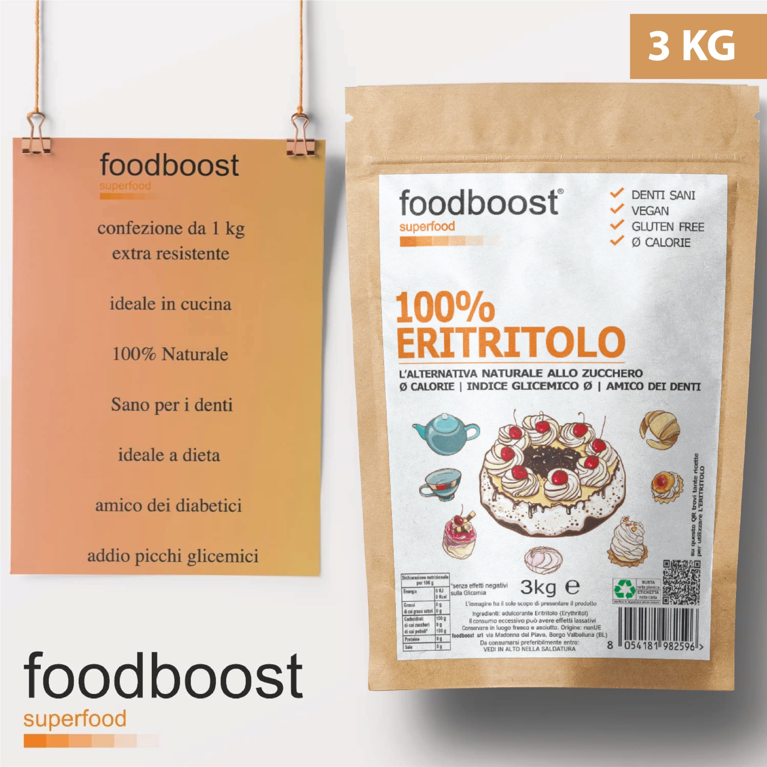 Eritritolo 3Kg foodboost, sostituto dello zucchero, 0kcal - 100% Puro, stesso potere dolcificante dello zucchero da cucina, adatto per diabetici e diete ipocaloriche o bilanciate - 3kg BULK
