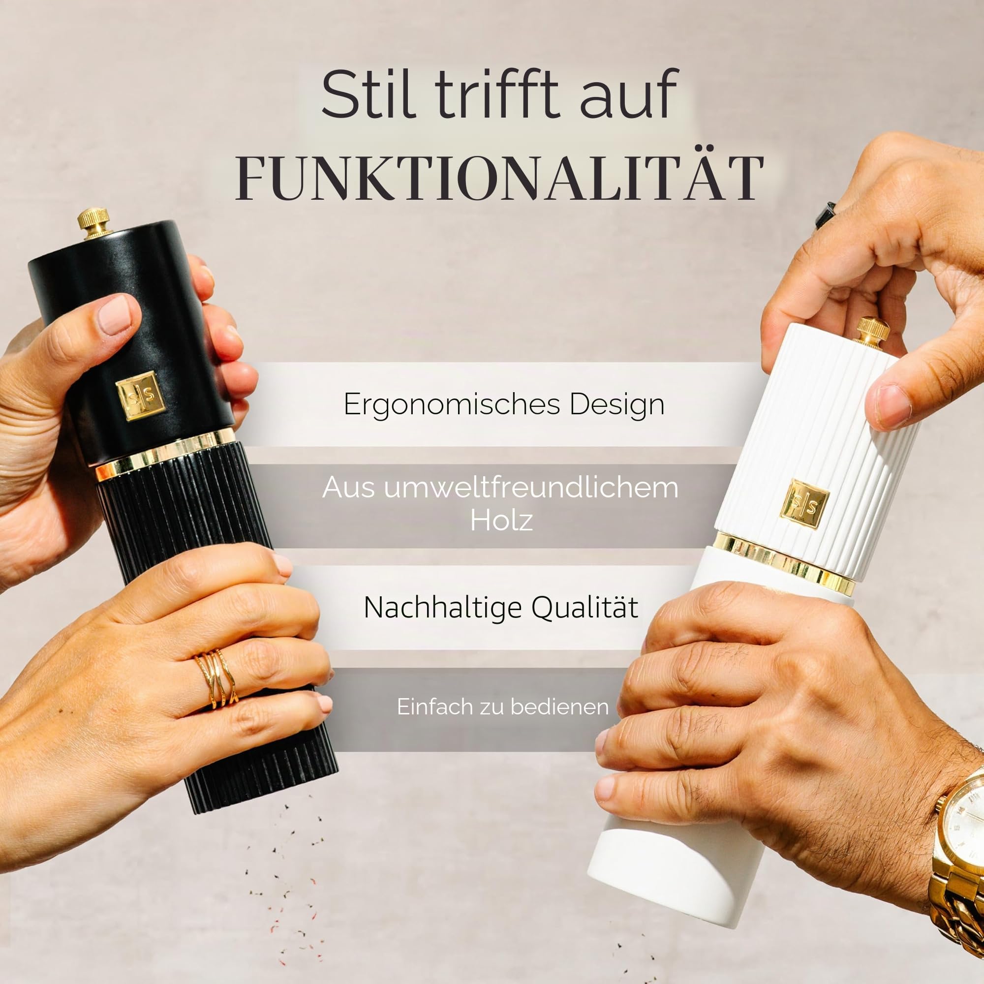 Styled Settings Salz- und Pfeffermühlen-Set Weiß-Schwarz-Gold – 2-teiliges manuelles Holz-Set mit verstellbarem Keramikmahlwerk & Holzständer – Geschenkidee