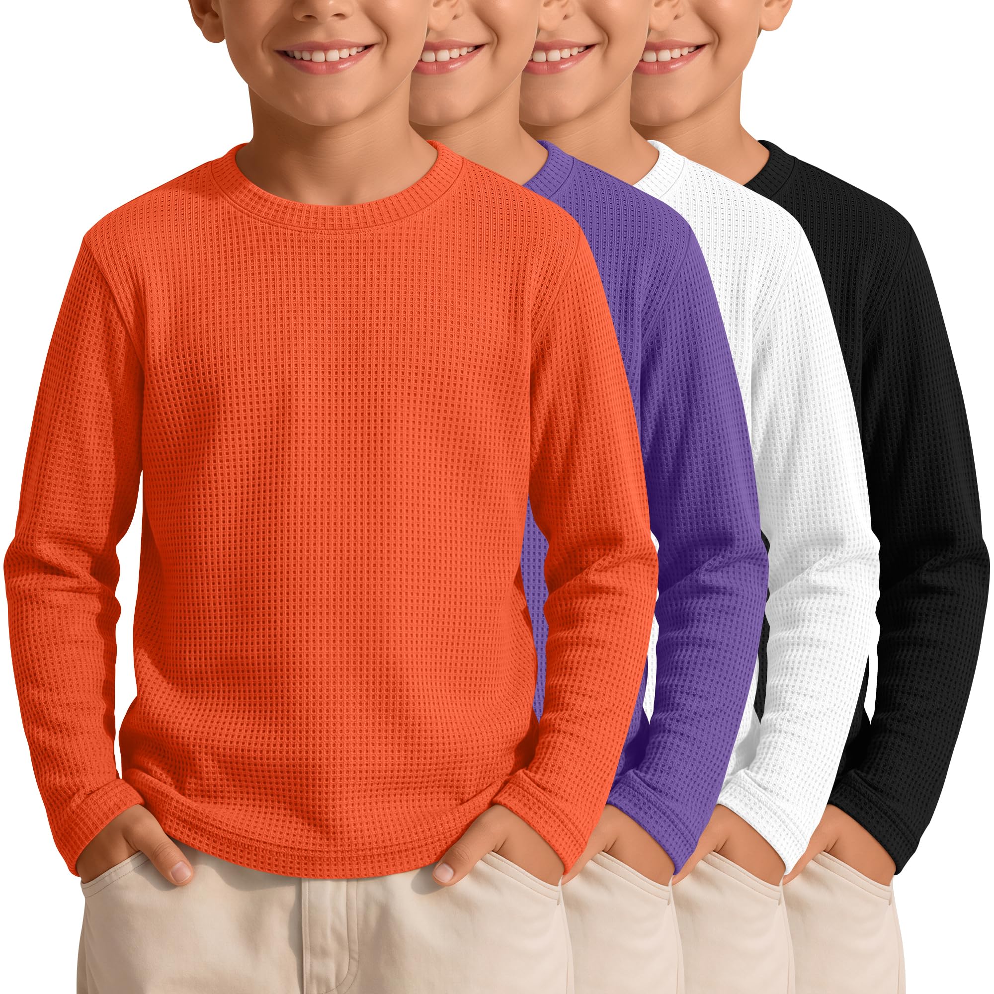 4 Pack Boys Long Sleeve Waffle Knit Thermal Shirts