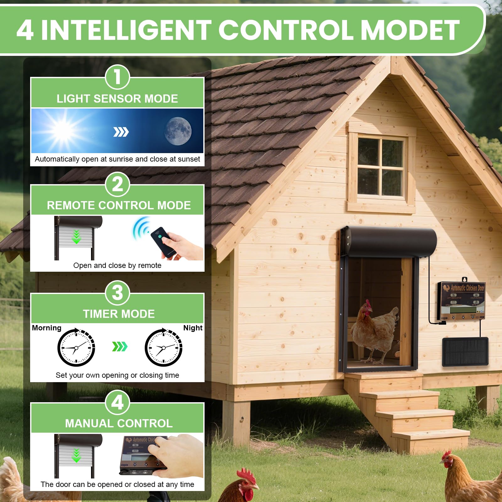 Batería automática de gallina, Puerta de Pollo eléctrica automática | con temporizador, panel solar, mando a distancia, manual, protección inteligente contra pellizcos
