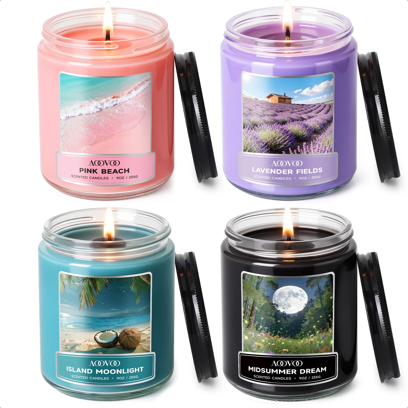AOOVOO Juego de velas perfumadas para mujer, paquete de 4 velas de cera de soja para el hogar, 1020 g, 200 horas de combustión, velas aromáticas de playa rosa/luz de luna de isla/sueño de verano