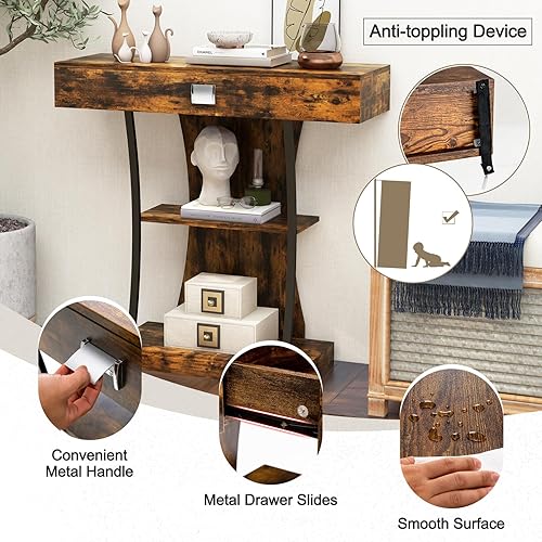 Miniatura 5 de KOTEK Mesa consola con cajón de almacenamiento y estantes, mesa de sofá estrecha de 3 niveles, mesa detrás del sofá, mesa de vestíbulo moderna, mesa