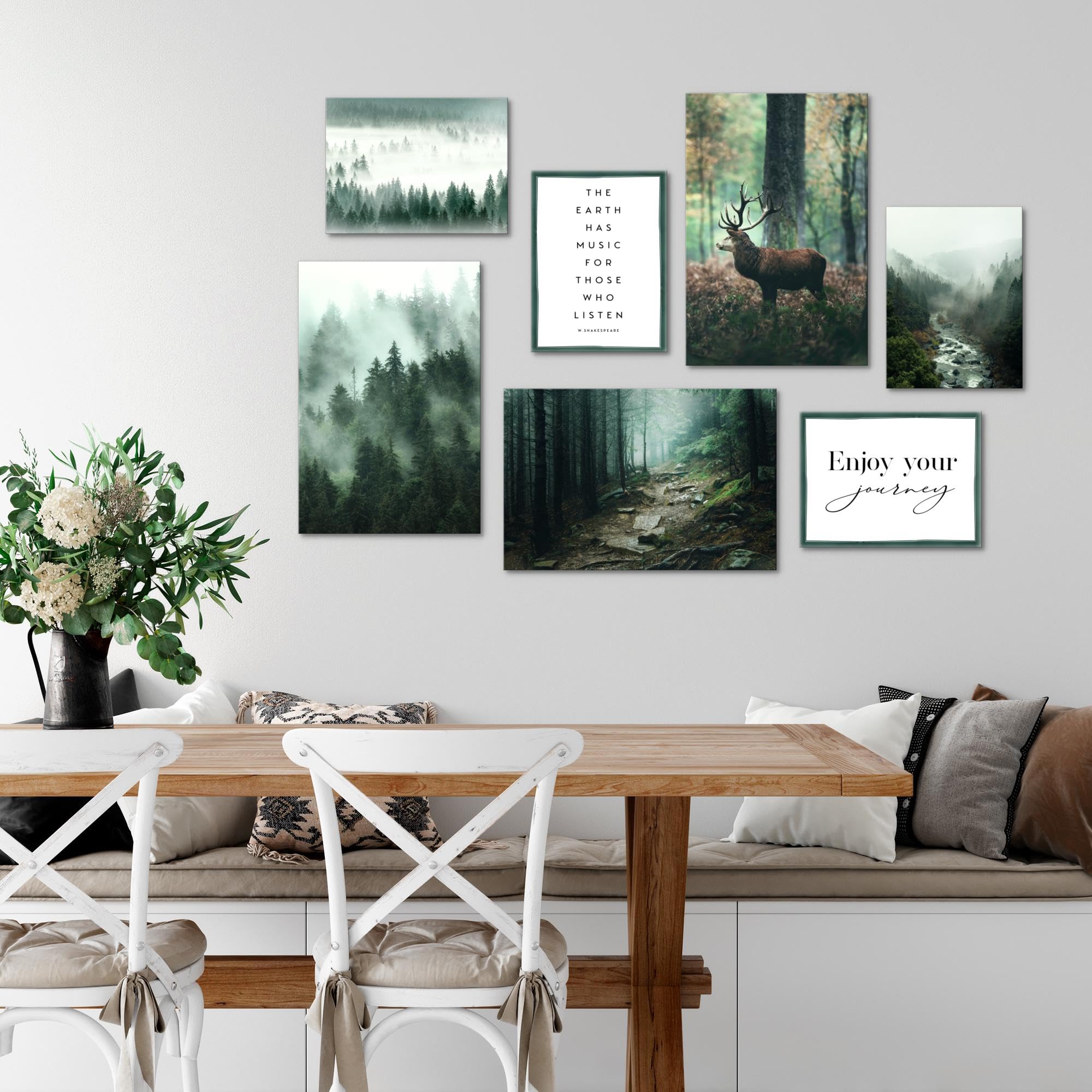 Novart Wandbilder Wald Hirsch - KOMPLETT AUFHÄNGFERTIG - Natur Grün Wohnzimmer Schlafzimmer Flur - 7 Moderne Mood-Bilder - N004672a