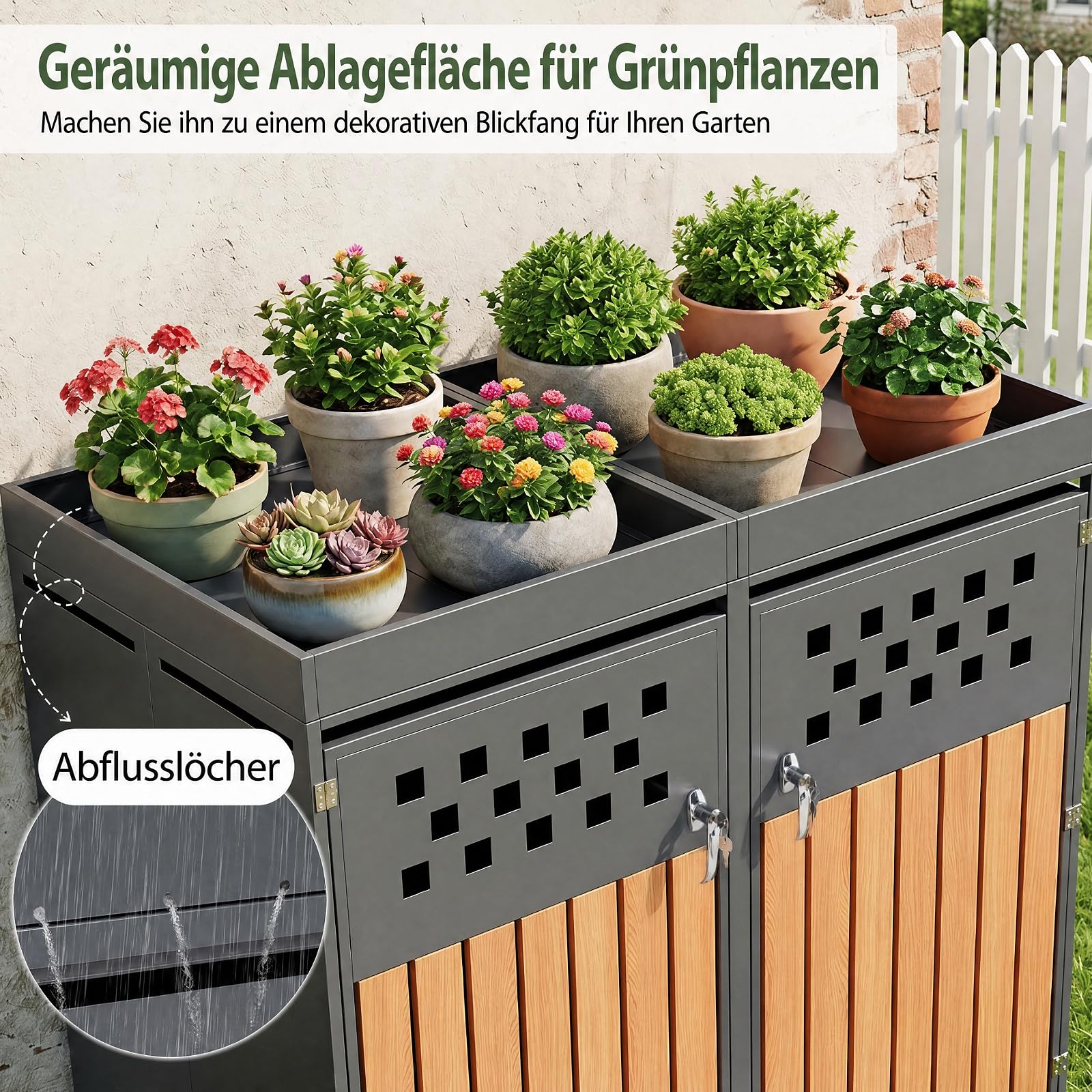 COSTWAY Mülltonnenbox 2er für 2 Tonnen aus verzinktem Stahl mit Pflanzdach | Mülltonnenverkleidung mit abschließbarem Griff, verstellbaren Fußpolstern & Sichtstreifen in Holzoptik, 132 x 80 x 124 cm