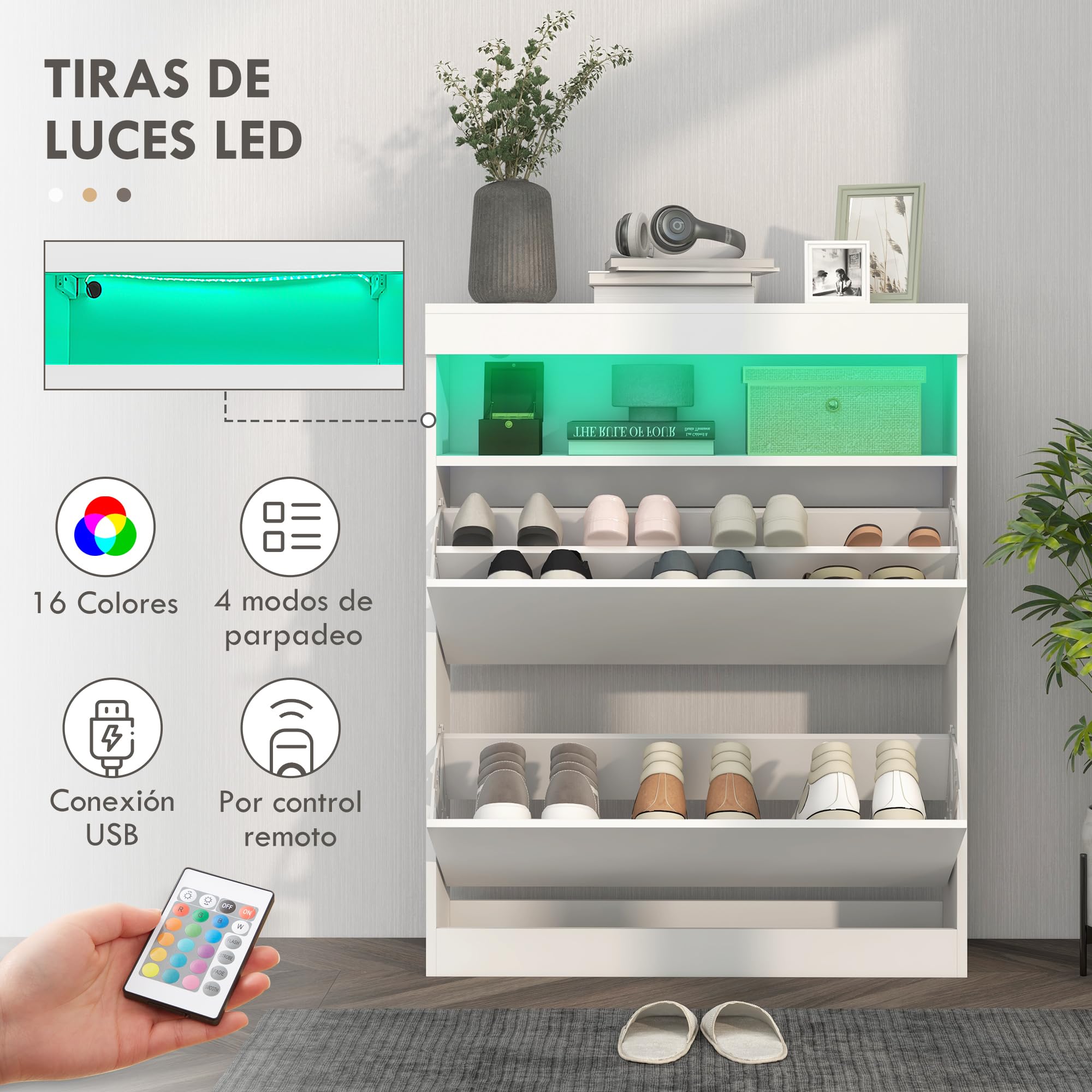HOMCOM Mueble Zapatero de Recibidor con LED Blanco Brillo 80x24x99,5 cm | Armario Zapatero Independiente o Pared, Estante Abierto, 2 Cajones Abatibles, para 12-16 Pares de Zapatos