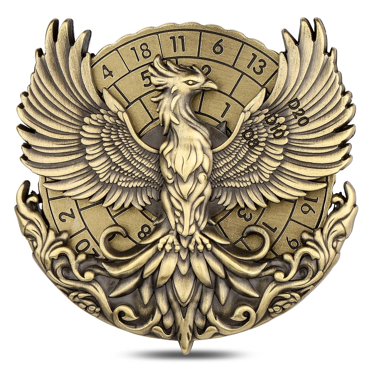 7-in-1 Phoenix Fingertip Gyro, DND Wheel Dice Spiner, DND Starter Set, 7-in-1 Metal D&D Dice Set, D&D Gifts with Dragon Logo Gift Bag, Tabletop Games, Role Playing Board Game Accessories, Bronze